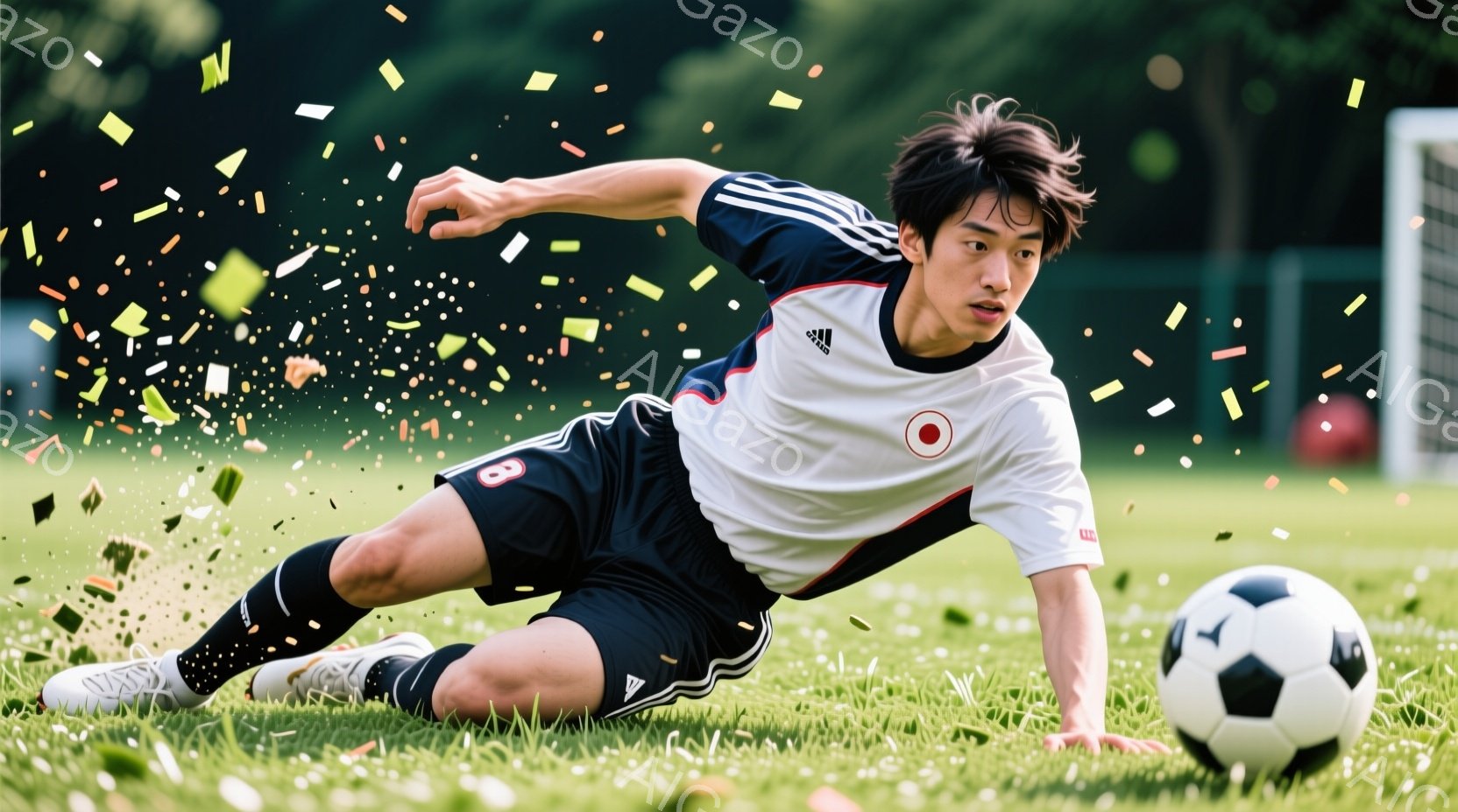 鮮やかな緑の芝生の上で、日本のユニフォームを着たサッカー選手がボールを追いかけて滑り込みをしている。白を基調としたユニフォームには赤いアクセントがあり、黒のショートパンツとソックス、そして白のスパイクを履いている。背景には、緑豊かな木々やサッカーゴールが見え、明るい晴天の下、躍動感あふれる瞬間が捉えられている。