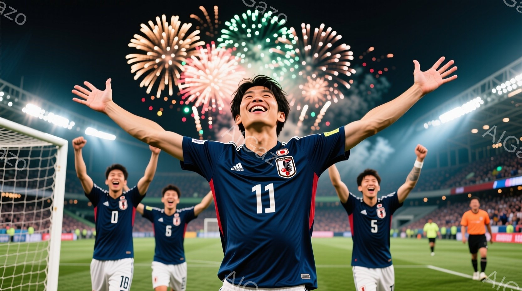 サッカー日本代表の選手たちが、試合で勝利した直後に歓喜の表情で腕を広げています。青いユニフォームには背番号が書かれており、選手たちは興奮と喜びで満ち溢れています。背景には満員のスタジアムと夜空に打ち上 - AI生成フリー素材