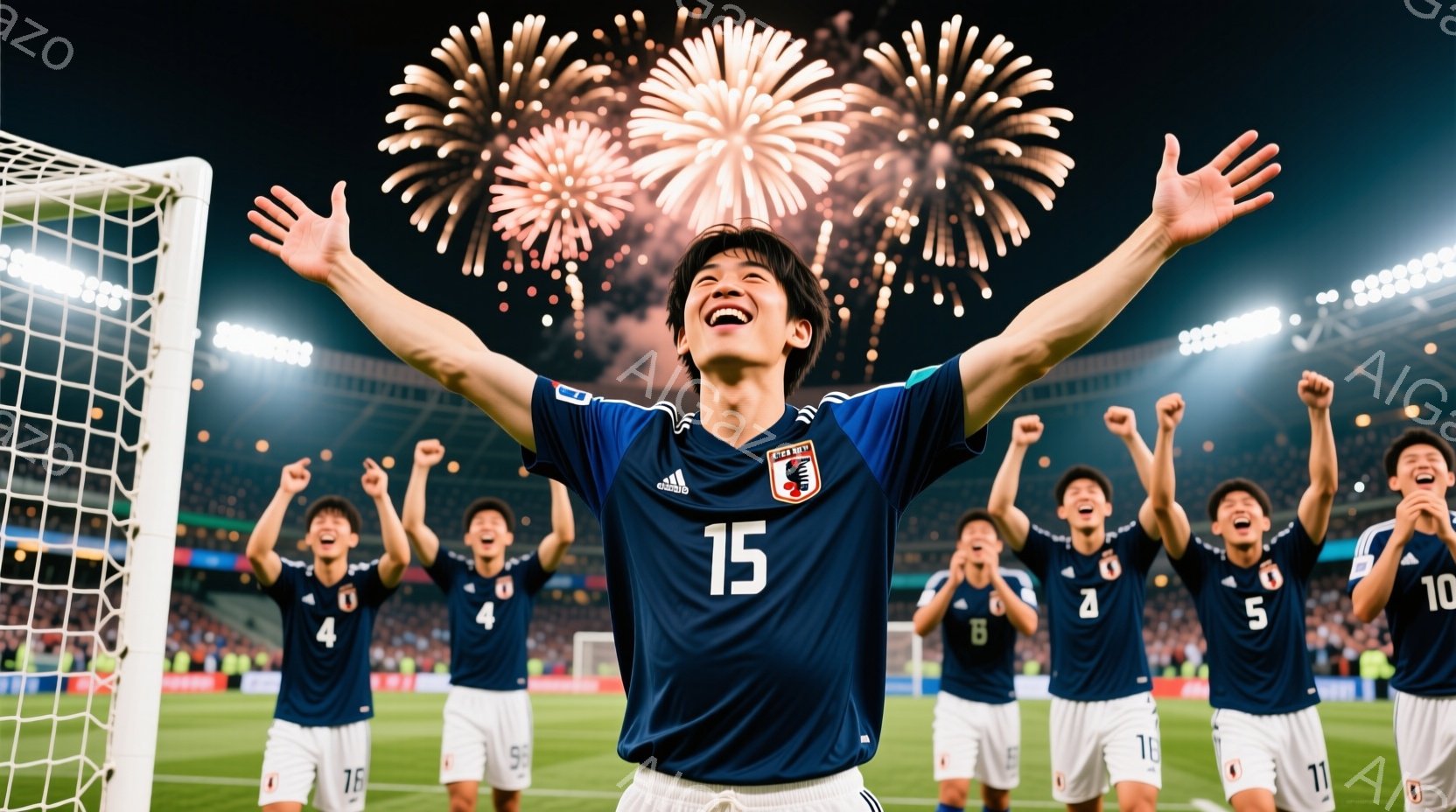 紺色のサッカーユニフォームを着た選手たちが、歓喜に満ちた表情で両手を高く上げている。背景には花火が打ち上げられ、スタジアムの観客席が見え、夜空は暗く、勝利の瞬間を捉えた様子が伝わる。選手たちの表情は熱 - AI生成フリー素材