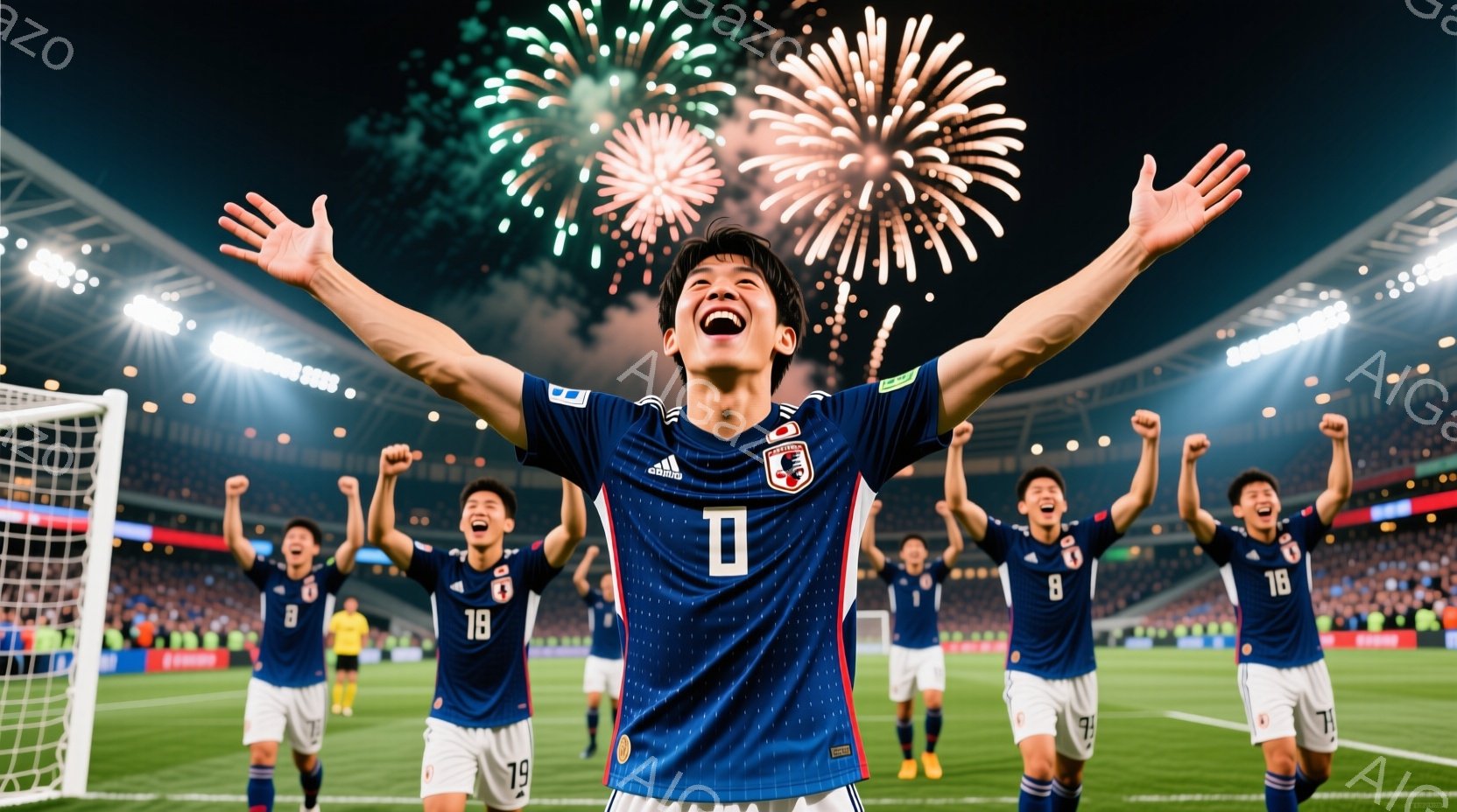 サッカー日本代表の選手たちが、青と紺のユニフォームを着て、勝利を喜び、両手を高く上げています。選手たちは皆、興奮した表情で、芝生のグラウンドに立っており、背景には観客席と夜空に打ち上げられる花火が見えます。全体的に、勝利の喜びと興奮に満ちた熱狂的な雰囲気です。