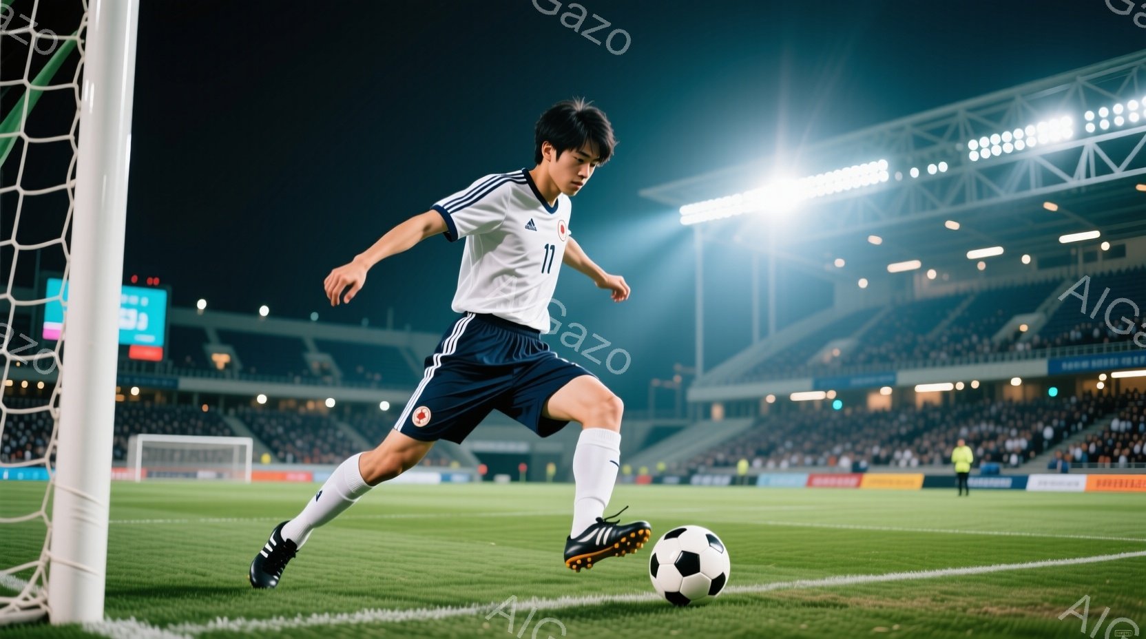 サッカー選手が緑の芝生の上でボールを蹴っている様子が写っている。白いユニフォームに紺色の短パンを着用し、黒いヘアスタイルで、集中した表情でボールを見つめている。背景には観客席や照明がぼやけており、夜間 - AI生成フリー素材