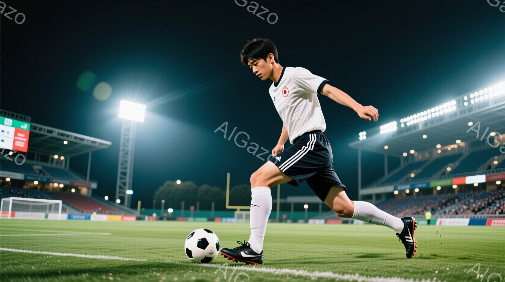 サッカー選手が緑の芝生の上でボールを蹴っている様子が写っている。彼は白のユニフォーム、黒のショートパンツ、白いソックスを履いており、髪は短く整えられている。背景には観客席と照明が灯るサッカー場があり、夜間の試合が行われているような雰囲気である。