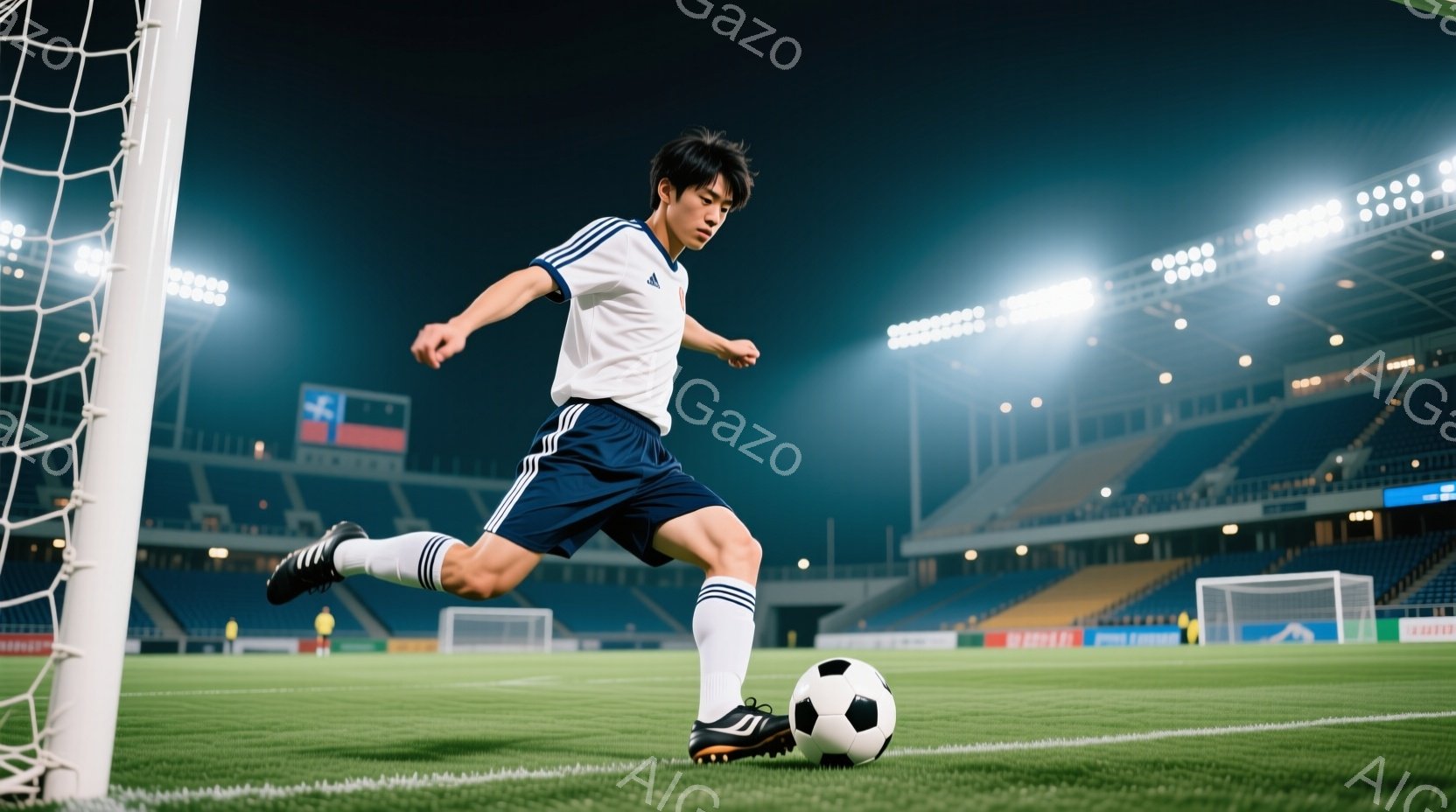 サッカー選手が緑の芝生の上でボールを蹴っている。彼は白い長袖シャツ、紺色の短パン、白いソックスを履いており、黒いスパイクを履いている。背景には観客席が広がり、照明が照らされており、夜間のサッカー場であることがわかる。