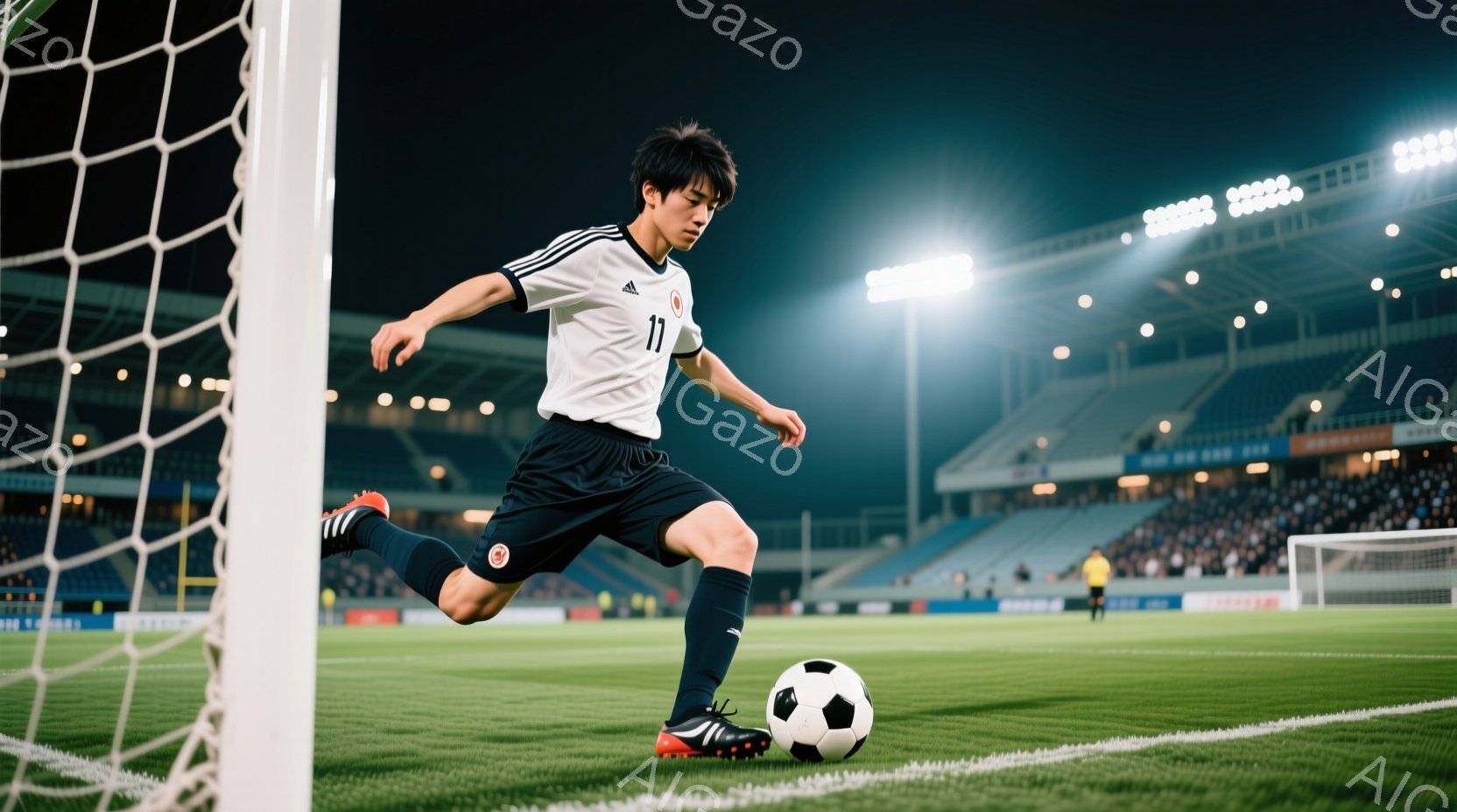 サッカー選手が緑の芝生の上でボールを蹴っている様子が写っている。選手は白と黒のストライプが入ったユニフォーム、黒のショートパンツ、ソックスを着用し、髪は短く整えられている。背景には観客席が見え、夜間の - AI生成フリー素材