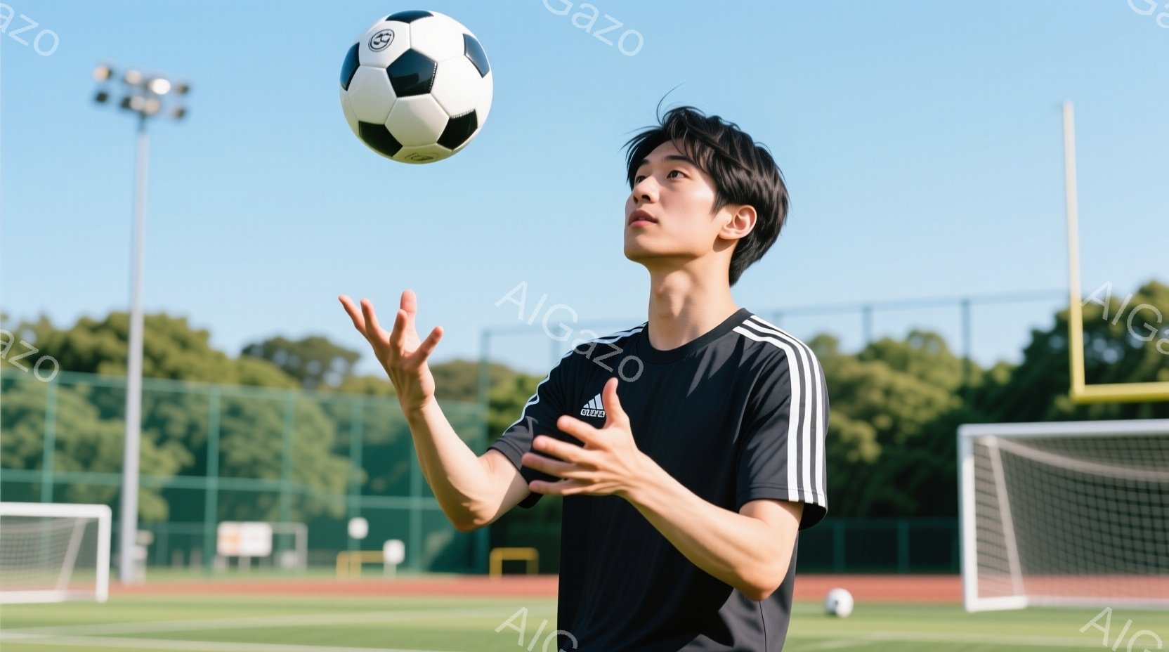 黒い三本線が入った黒の半袖シャツを着た若い男性が、サッカーボールを片手で高く投げ上げています。彼は少し上目遣いでボールを見つめ、リラックスした表情をしています。背景には、緑の芝生、サッカーゴール、そして青空と緑豊かな木々が見え、晴れた日の屋外での活動を連想させる、爽やかで活気のある雰囲気です。
