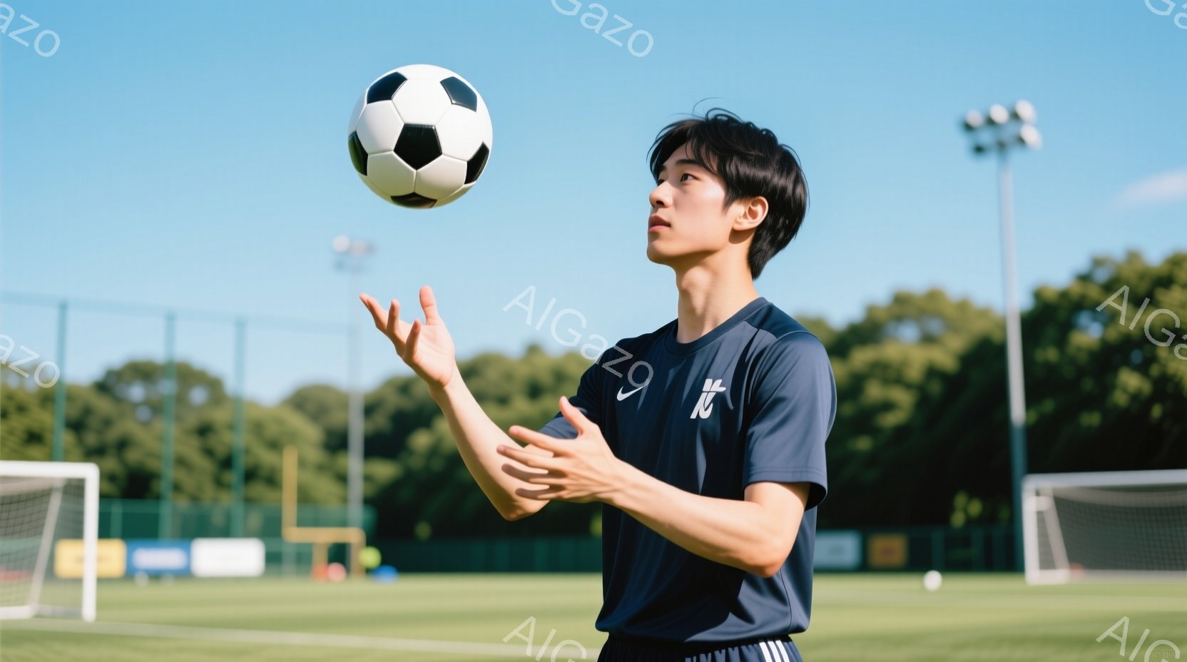 サッカー選手がサッカーボールを頭の上でコントロールしている様子が写っています。彼は紺色の長袖トレーニングウェアに、肩に白いラインが入ったパンツを着用し、黒髪を短く整えています。背景には緑豊かなサッカー場と、遠くに見える建物や木々があり、晴天の下、活気ある雰囲気です。