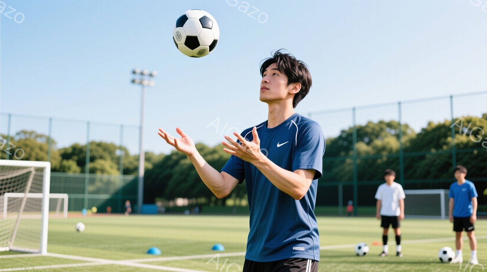 サッカーの練習をしている若い男性が写っている。青い半袖シャツと黒い短パン姿で、ボールを両手で受けるように構えている。背景には緑の芝生とサッカーゴール、そして遠くには木々が見え、晴れた日の屋外練習の様子 - AI生成フリー素材