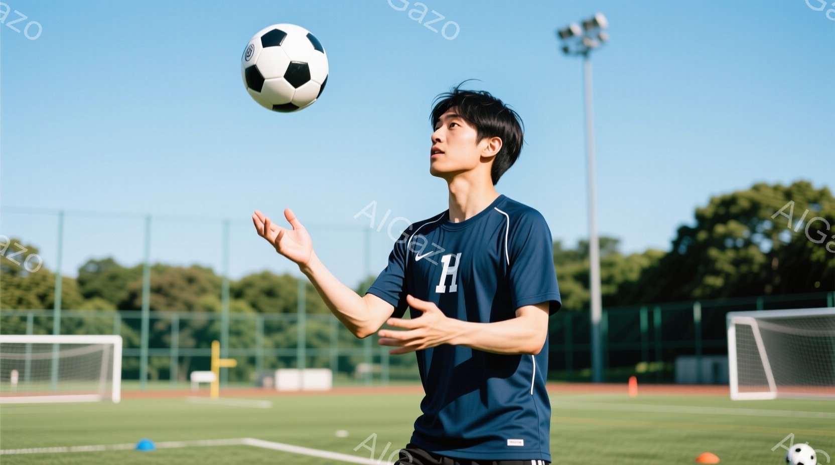 若い男性がサッカーボールを片手で受けている様子が写っている。彼は濃い青色の半袖シャツに黒いショートパンツを着用しており、短髪で、やや上目遣いをしている。背景には緑色の芝生とサッカーゴール、遠くには木々が見え、晴天の下、スポーツを楽しむ活気ある雰囲気が伝わってくる。