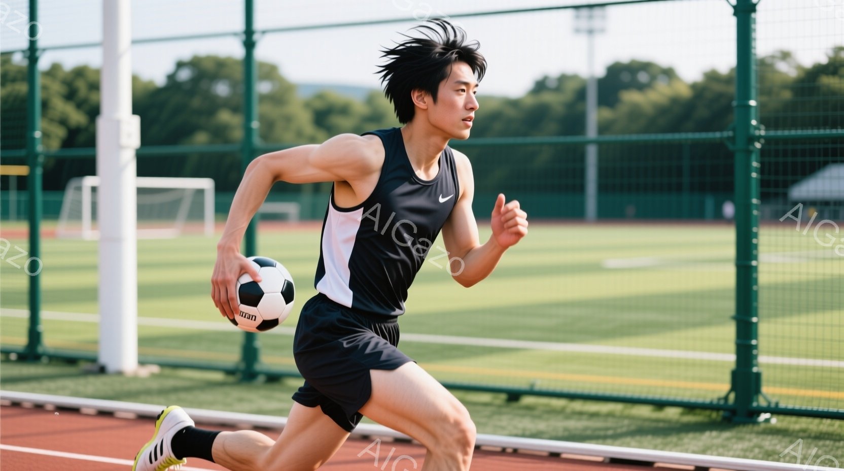 黒いタンクトップと黒い短パンを身につけた若い男性が、サッカーボールを持って走っている。彼は右方向に走り、やや伏し目がちで集中した表情をしている。背景には緑のフェンス、サッカーゴール、そして緑豊かな自然が見え、晴れた日の運動場の様子がうかがえる。
