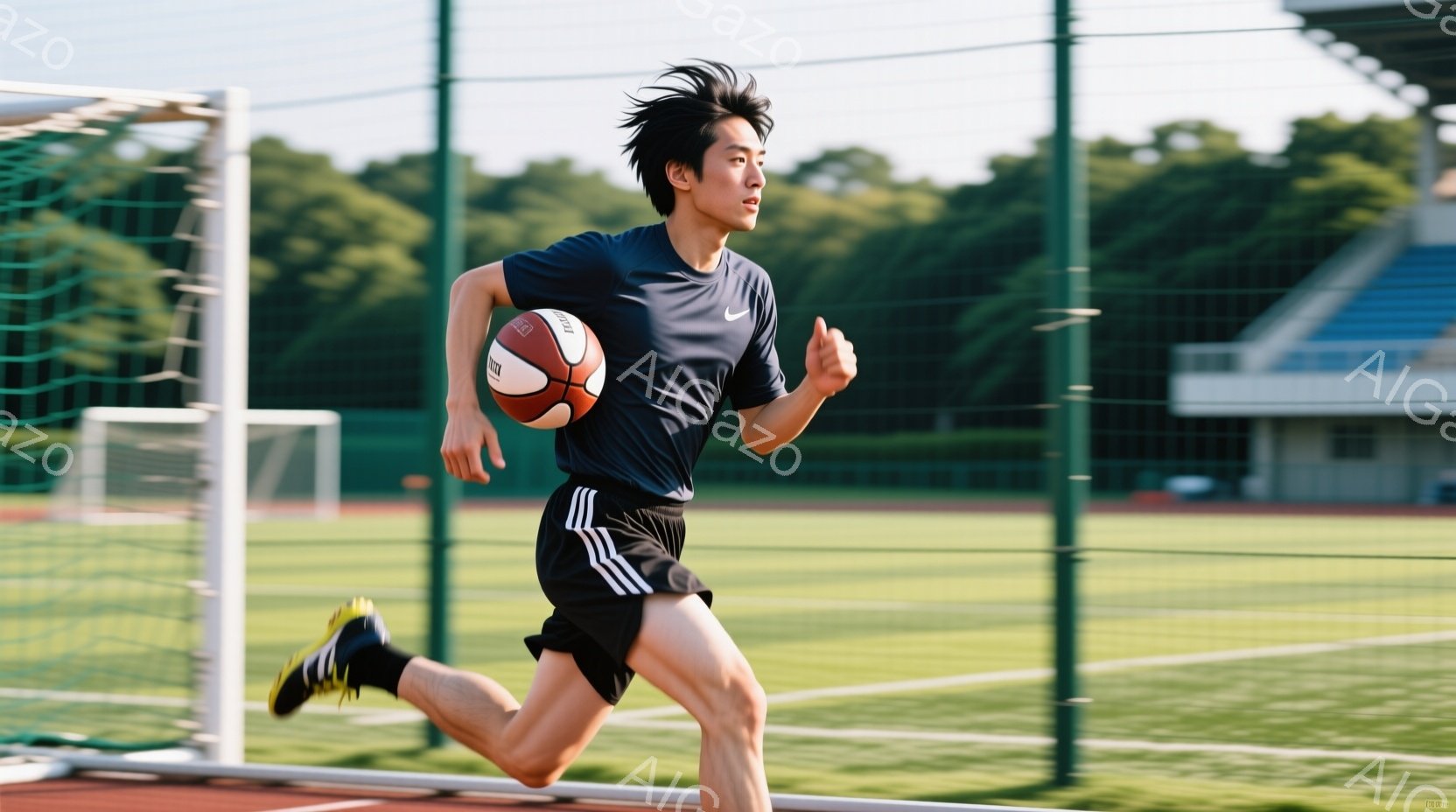 若い男性がサッカーボールを抱きかかえながら、緑のフィールドを走っている。彼は黒の半袖シャツと短パン、そして黒と黄色のスパイクを履いており、髪は短く、前髪が少し長くなっている。背景にはサッカーゴールと、木々が生い茂る穏やかな風景が広がっており、晴天で運動に適した一日であることがわかる。