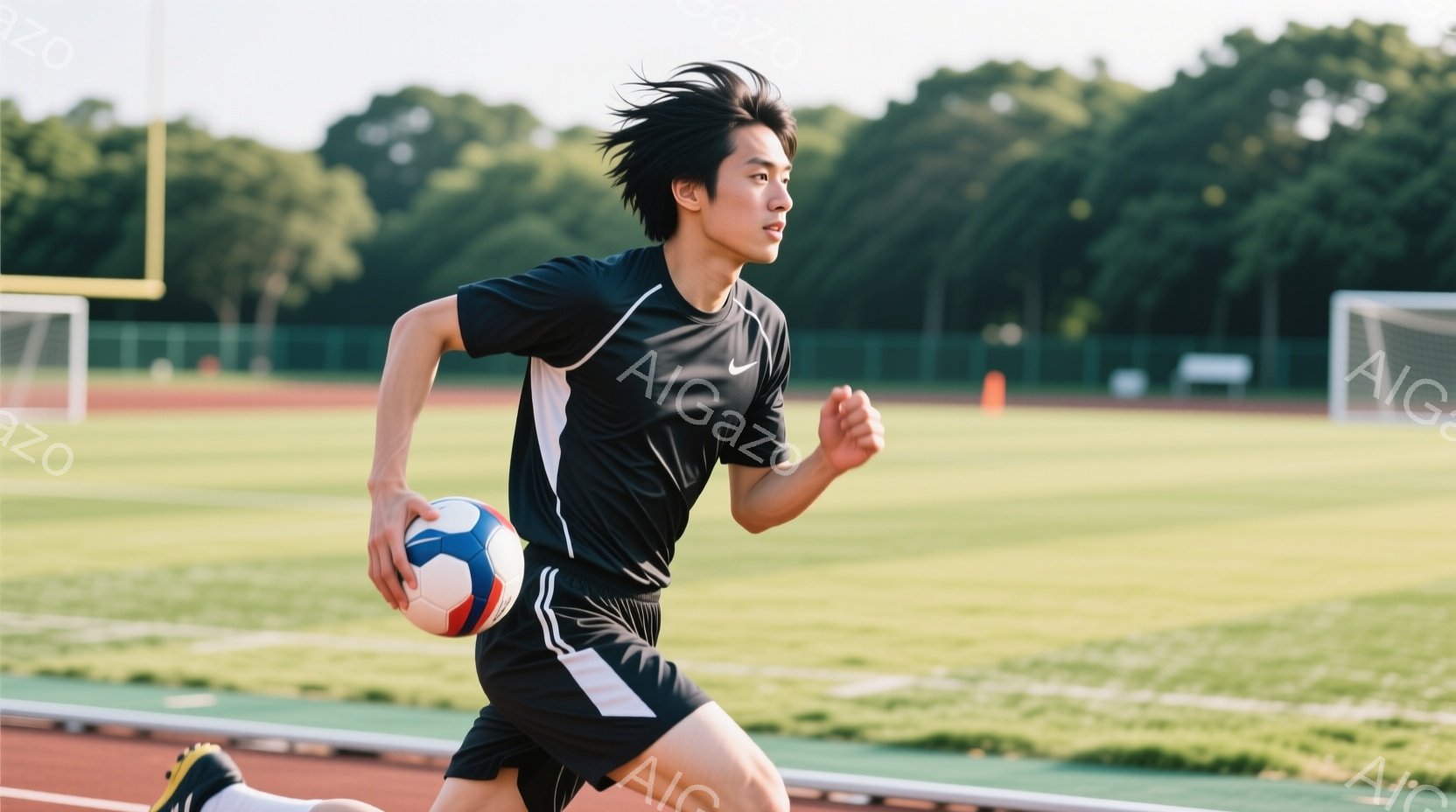 黒いトラックジャケットと短い黒いショーツを着た若い男性が、サッカーボールを持って走っている。彼は前を見据え、集中した表情で、片腕を曲げてボールを抱えている。背景には緑の芝生、トラック、そして遠くに見える木々や建物があり、晴れた日の活気あるスポーツの瞬間を捉えている。