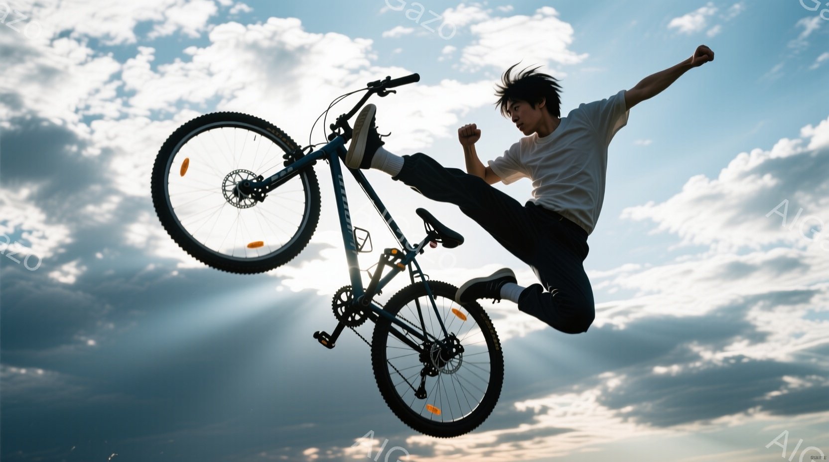 空中で自転車に乗った男性が写っており、片足を大きく上げ、躍動感のあるポーズをとっています。彼は白いTシャツと黒いズボンを着用し、短髪で、表情ははっきりと見えませんが、活気に満ちているように見えます。背 - AI生成フリー素材