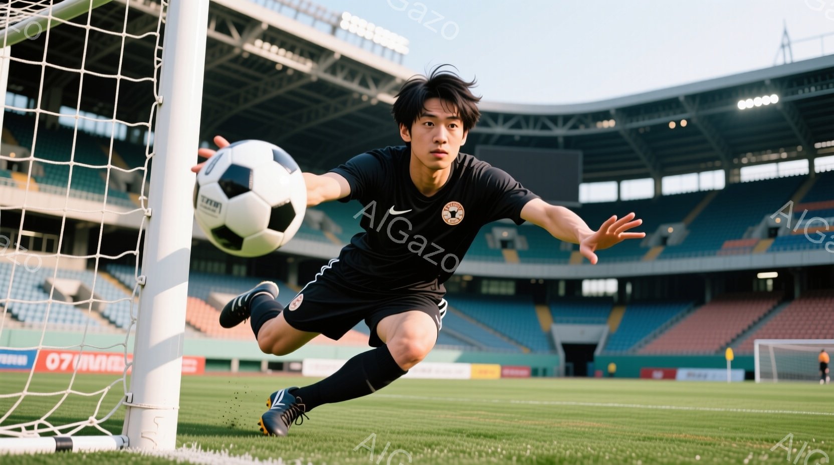 黒いサッカーユニフォームを着た若い男性が、緑の芝生のフィールドでボールをキャッチしようと飛び込んでいる。彼の髪型は短く、顔には強い集中力と決意が表れている。背景には観客席が見え、晴れた空の下でサッカー - AI生成フリー素材