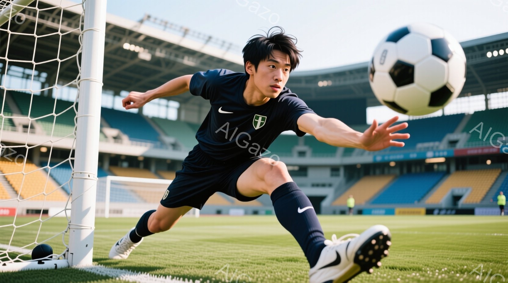 サッカー選手がボールを蹴る瞬間を捉えた写真です。黒いユニフォームに青いソックス、スパイクを履き、髪は短く整えられています。背景には観客席が広がり、青空の下、サッカー場全体が明るく照らされています。