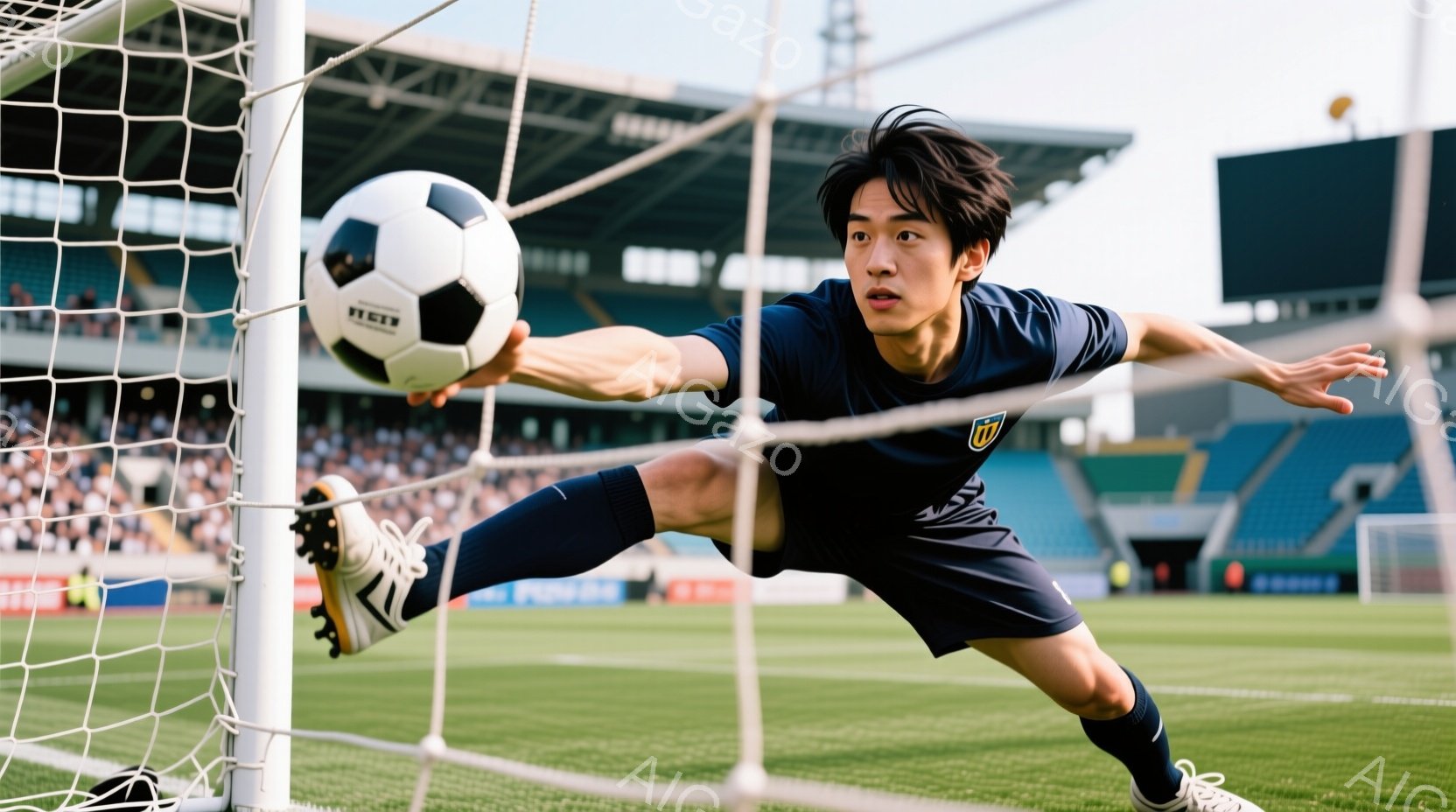 サッカー選手がゴールキーパーとして、ボールをキャッチするために空中で体を伸ばしている。彼は紺色のユニフォームと黒いショートパンツ、そしてスパイクを着用しており、短く整えられた髪型をしている。背景には観客席が見え、晴天の下、スタジアムの活気ある雰囲気が伝わってくる。