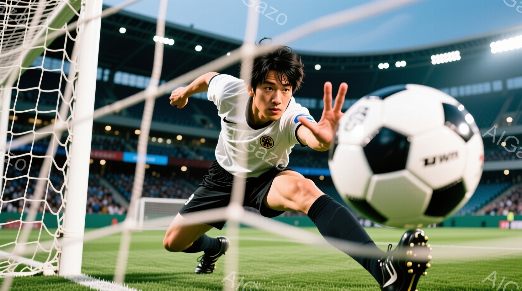 サッカー選手がゴールに向かってダイビングセーブを試みています。黒いユニフォームと黒いショートパンツ、そして黒いスパイクを着用し、ショートヘアで、集中した表情をしています。背景には観客席と夜のスタジアムの照明が見え、緊迫感と躍動感あふれる雰囲気が伝わってきます。