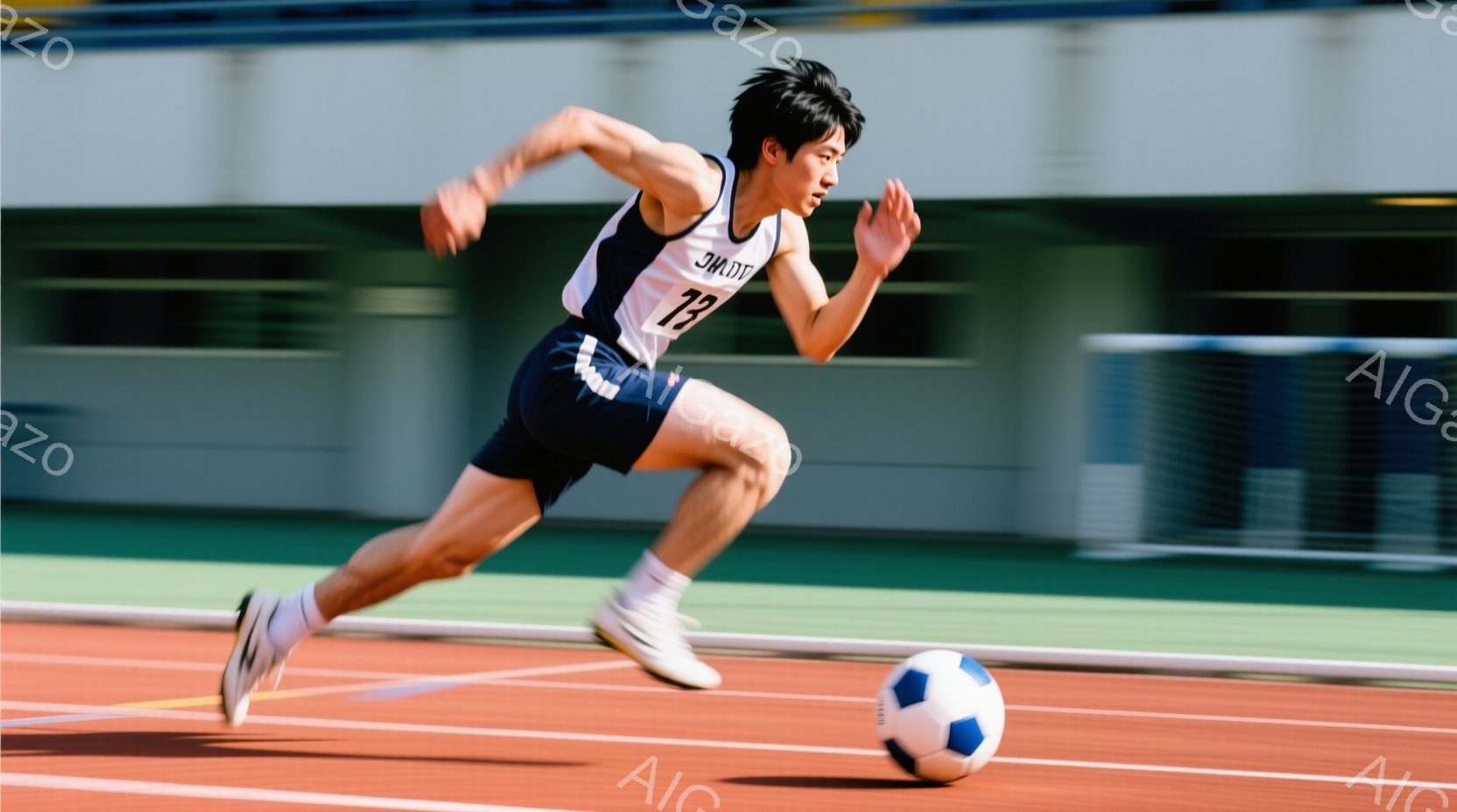 競技場を疾走する若い男性ランナーが写っている。黒いタンクトップと短パン姿で、背中には「13」の番号が書かれている。背景はぼやけたトラックと観客席で、運動会や陸上競技大会の雰囲気を感じさせる。 - AI生成フリー素材