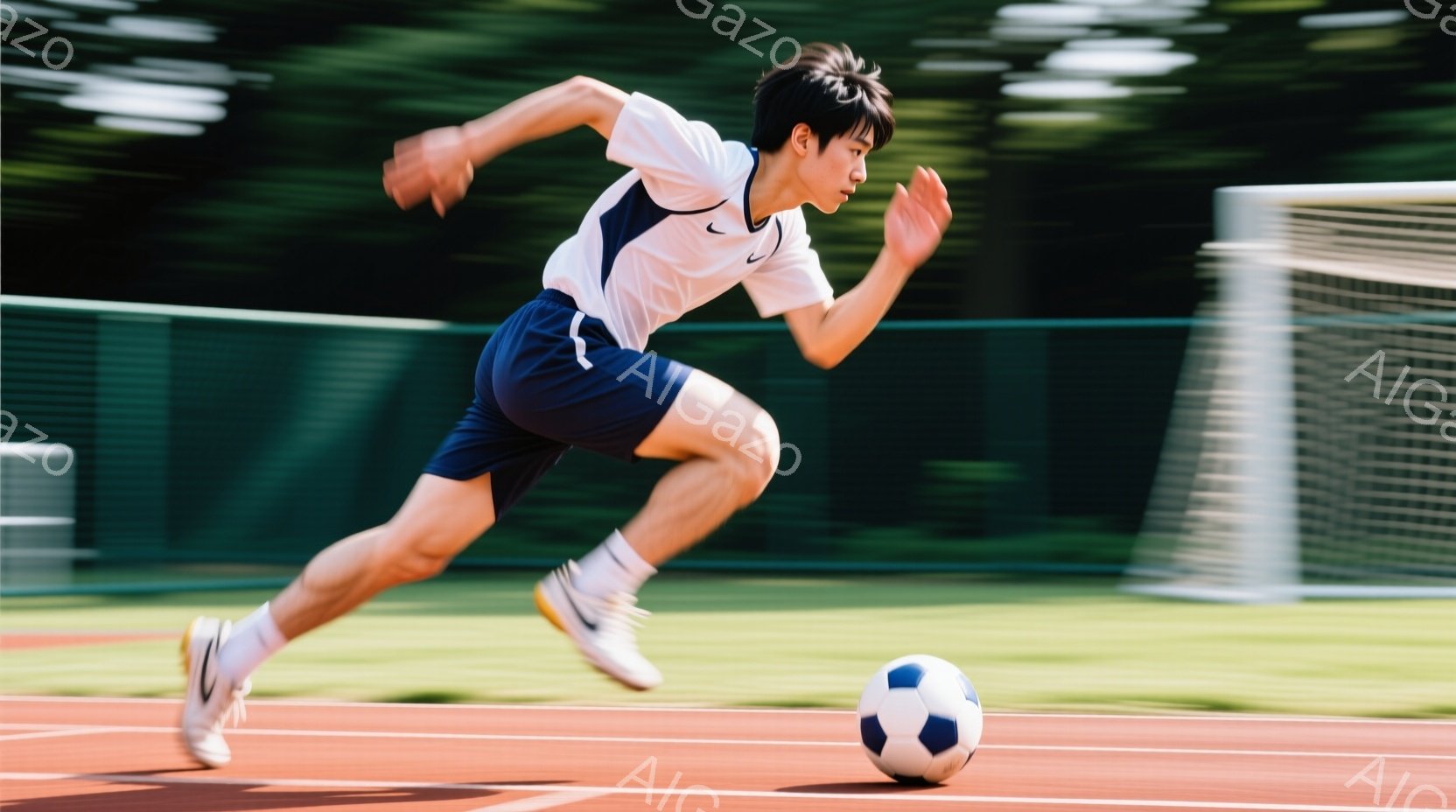 若い男性がサッカーボールを追いかけながら走っている様子が写っている。彼は白い半袖シャツと紺色の短パン、そして白い靴を履いており、黒髪を短く切っている。背景には緑の芝生と赤いトラック、そしてぼやけたサッカーゴールが見え、晴れた日の活気ある雰囲気を感じさせる。