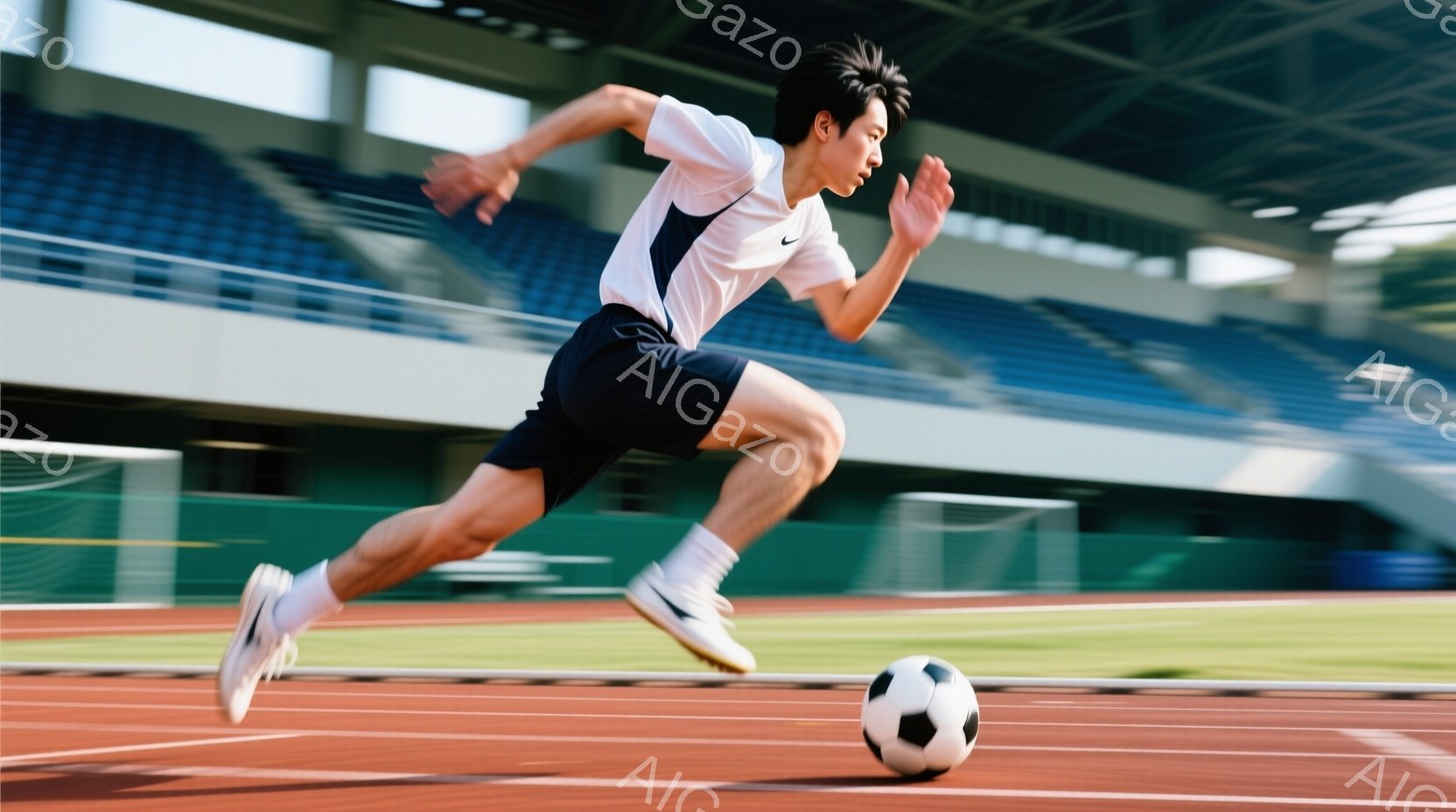 競技場で走りながらボールを追いかける若い男性サッカー選手を描いています。彼は白い半袖シャツと黒い短パン、白い靴下とスパイクを履いており、髪は短く整えられています。背景には観客席が広がり、晴れた空の下、 - AI生成フリー素材