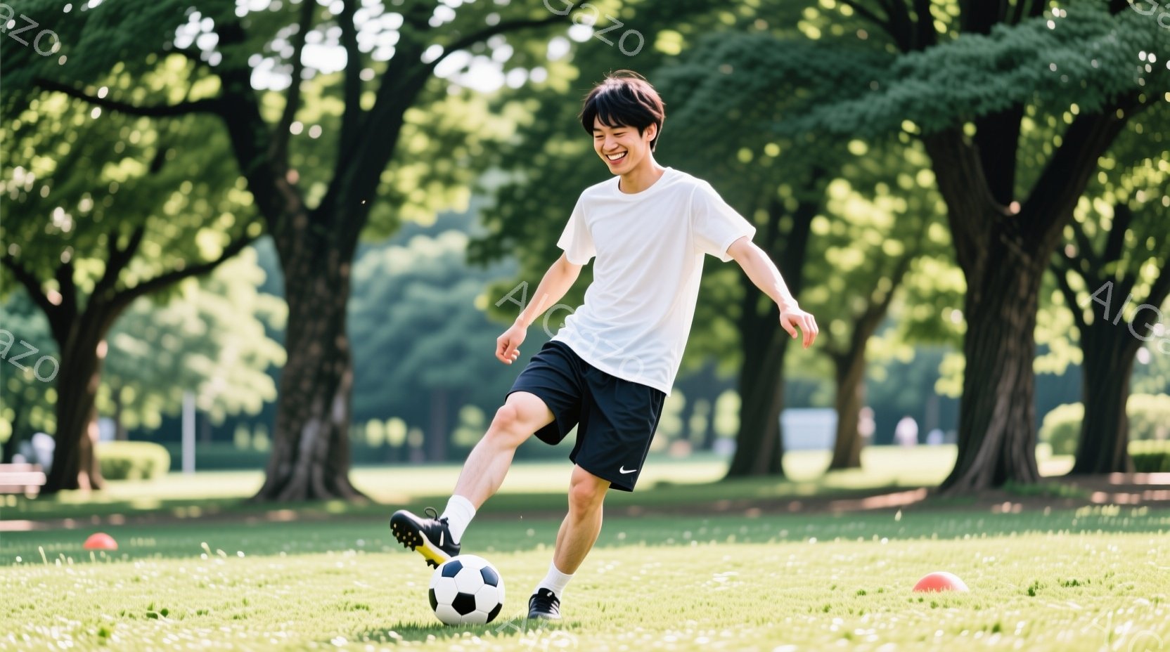 若い男性がサッカーボールを蹴っている写真です。彼は白のTシャツと黒のショートパンツを着用し、黒いヘアスタイルで、笑顔を見せています。背景には緑豊かな芝生と木々があり、晴天の下で活気のある雰囲気が感じら - AI生成フリー素材