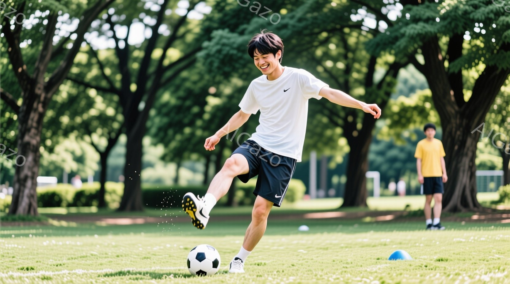 若い男性がサッカーボールを蹴っている場面だ。彼は白のTシャツと黒のショーツ姿で、ショートヘアを撫でつけ、笑顔でボールを蹴る動作をしている。背景には緑豊かな芝生と木々、そしてぼんやりと建物が見え、晴れた日の屋外で活気のある様子が伝わってくる。