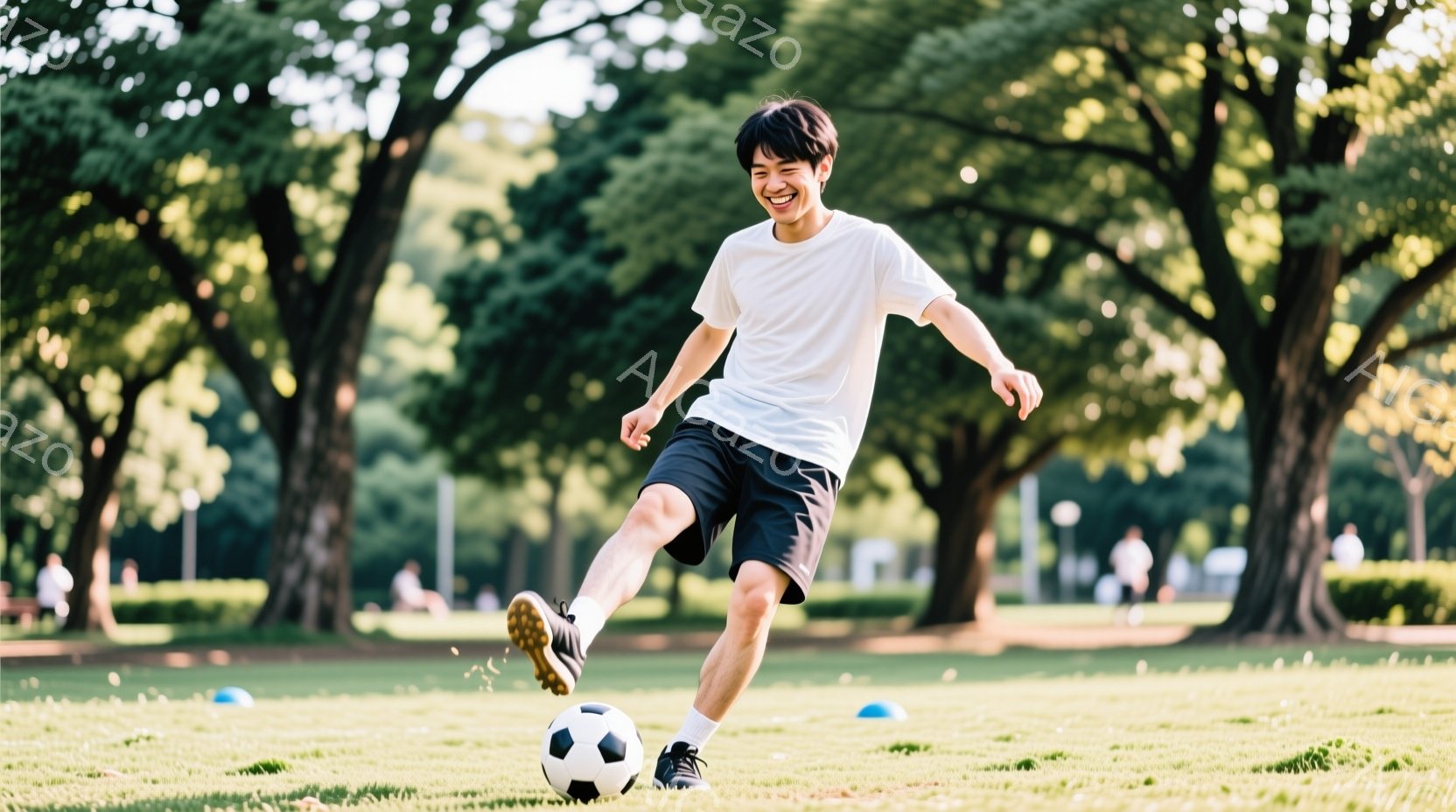 白いTシャツと黒いショートパンツを着た若い男性が、緑の芝生の上でサッカーボールを蹴っています。彼は右足を大きく振りかぶり、ボールに力を込めて蹴り出しており、表情は明るく楽しそうに見えます。背景には緑豊 - AI生成フリー素材