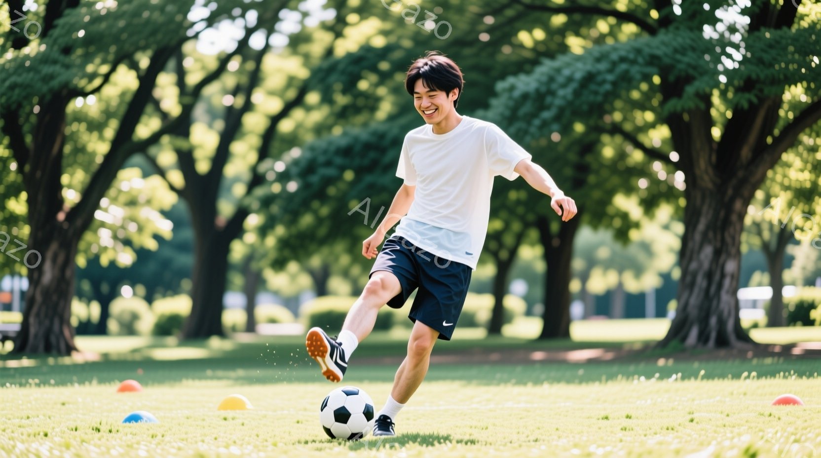 若い男性が緑の芝生の上でサッカーボールを蹴っている。白いTシャツと黒い短パンに身を包み、左足でボールを強く蹴り出す姿勢で、表情は明るく楽しそうである。背景には大きな木々と、ぼんやりとした建物が見え、晴 - AI生成フリー素材