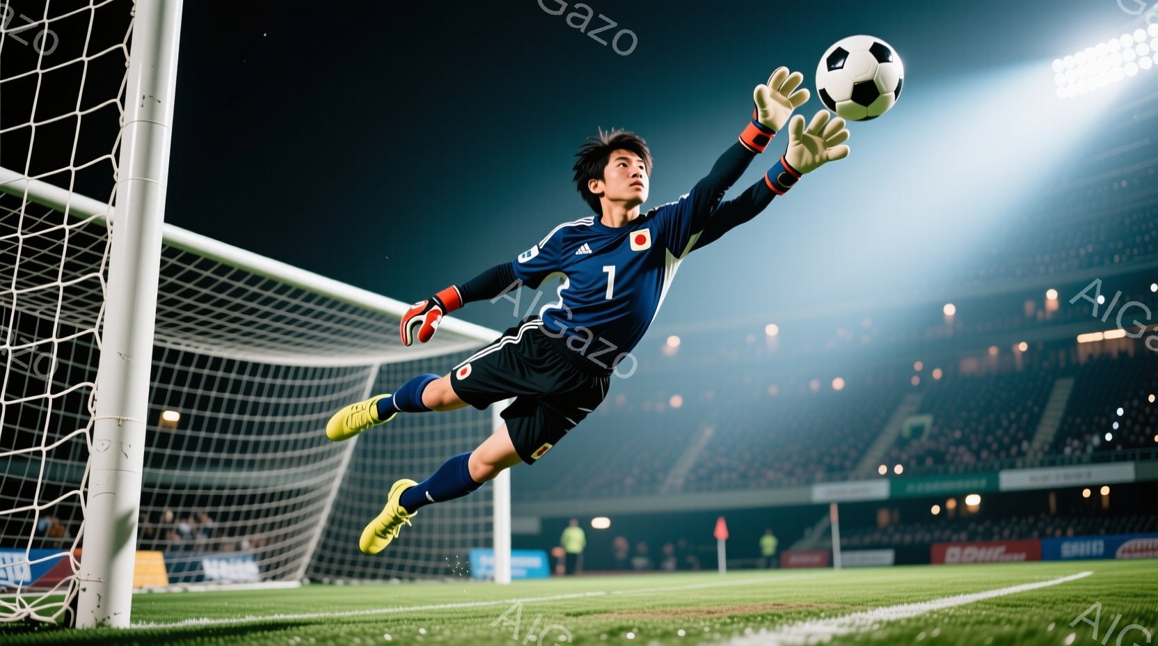 ゴールキーパーが空中高く飛び出し、ボールをキャッチしようとしている様子が捉えられています。彼は紺色の長袖ユニフォーム、黒い短パン、そして黄色いソックスとスパイクを着用しており、髪は短く整えられています。背景には観客席と照明がぼやけて見え、夜間のサッカーの試合の緊迫感と躍動感を強調しています。