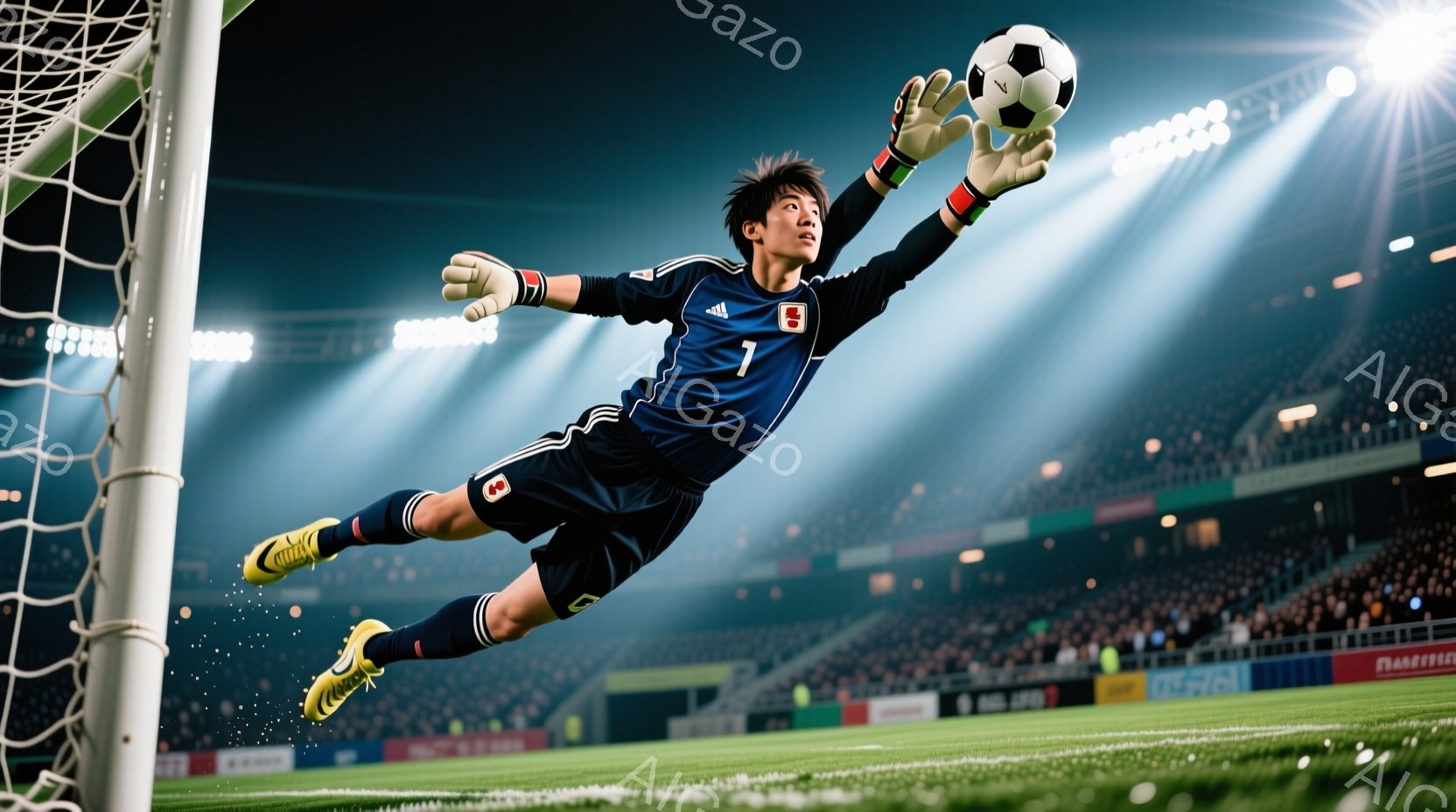 サッカーのゴールキーパーが、ボールをキャッチするために大きく飛び出している姿が写っている。青いユニフォームと黒いショートパンツ、そして黄色いスパイクを着用し、黒髪を短く整えている。背景には観客席と照明 - AI生成フリー素材