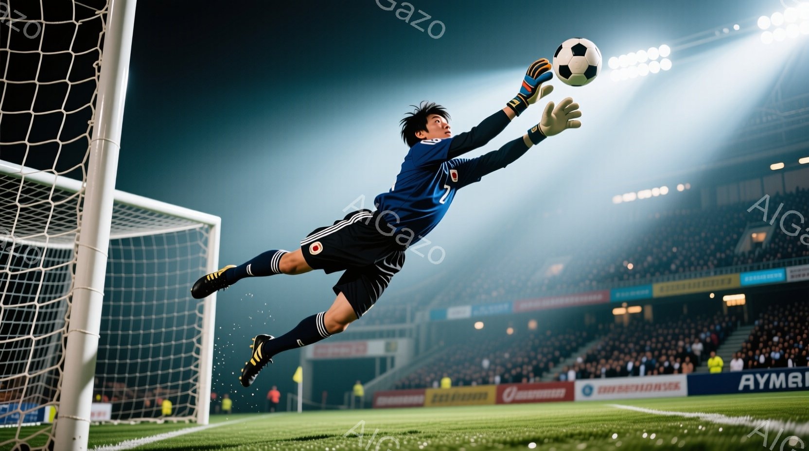 ゴールキーパーが空中でボールをキャッチしようと大きく体を伸ばしている様子が写っている。彼は黒いユニフォームに、髪は短く黒い。背景には観客席と夜空が広がり、スタジアムの照明が彼の姿を照らし出している。 - AI生成フリー素材