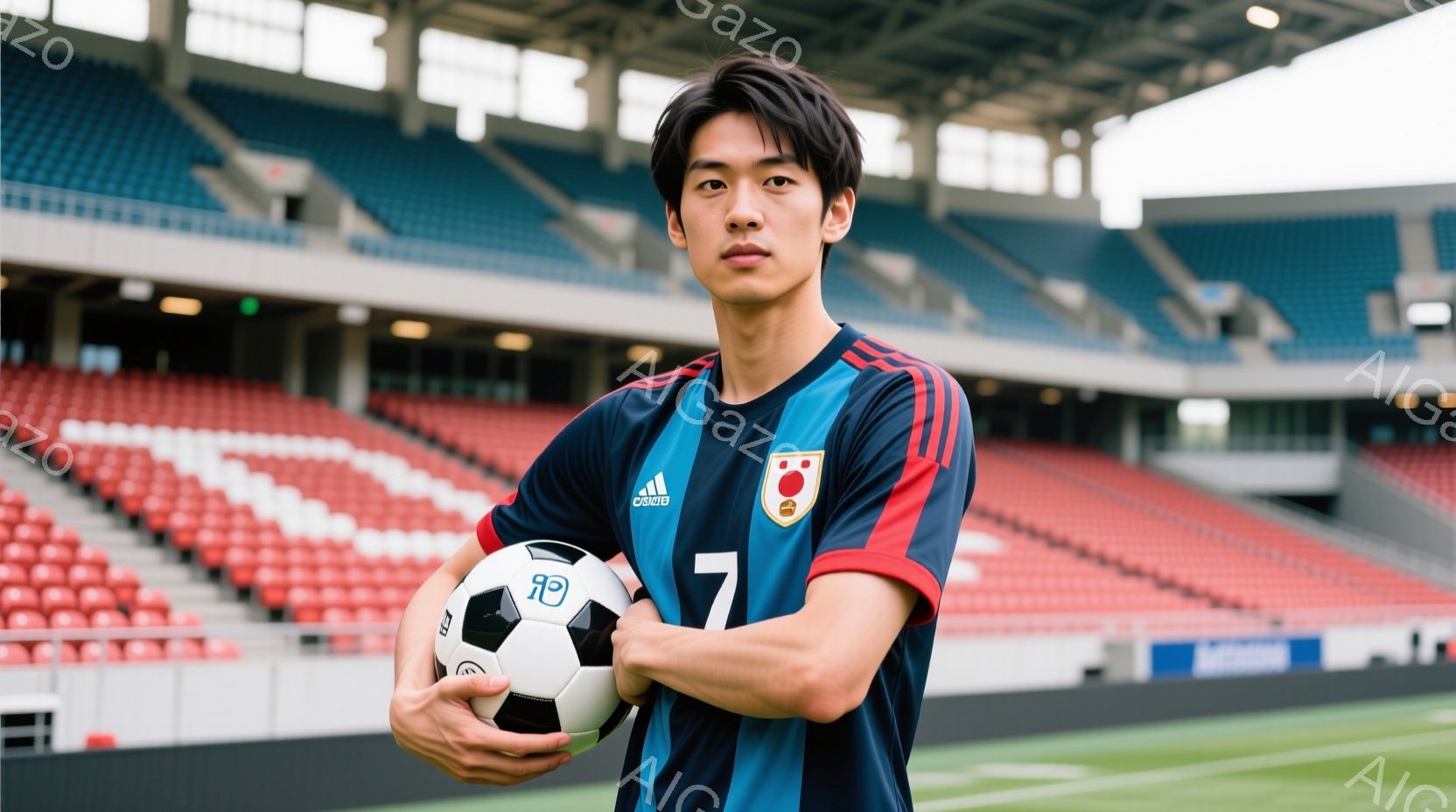 サッカーのユニフォームを着た若い男性が、ボールを抱えて正面を向いています。彼のユニフォームは、濃い青、赤、白のストライプで構成されており、胸には「adidas」のロゴ、背中には「7」の数字が記されています。背景は、観客席のあるサッカー競技場であり、空は晴天で明るい雰囲気です。