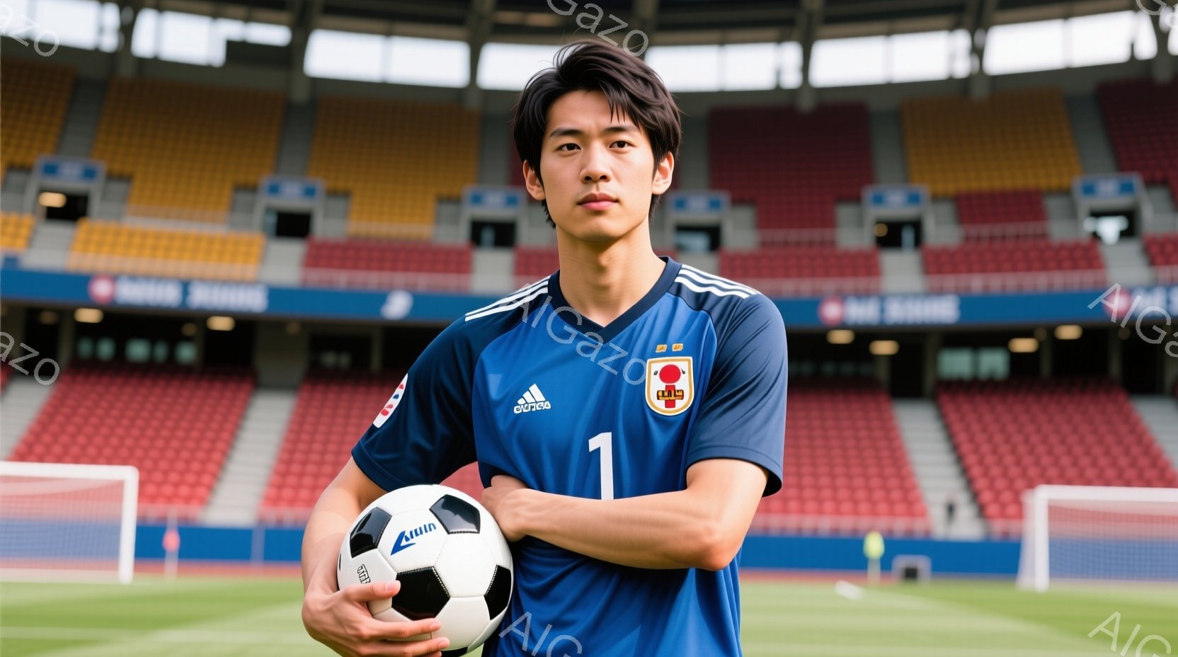 サッカーのユニフォームを着た若い男性が、サッカーボールを抱えて立っている様子を捉えています。彼は青い長袖のユニフォームを着ており、胸には日本の国旗とadidasのロゴが描かれています。背景には、観客席が広がるスタジアムの様子が見え、全体的に集中と決意に満ちた雰囲気が漂っています。