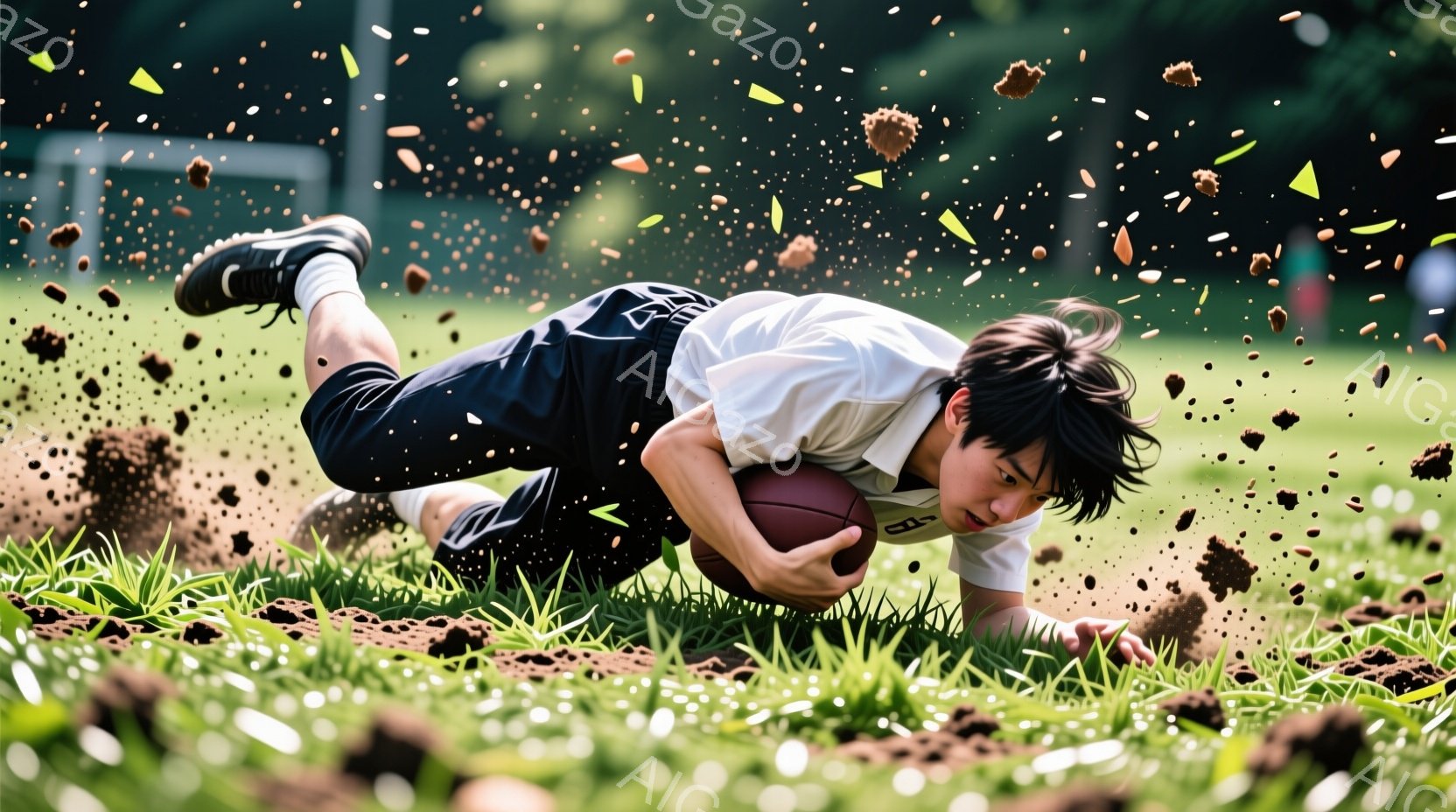 若い男性が芝生の上に倒れ、ボールを抱えながらスライディングしている様子が捉えられています。彼は黒い半ズボンと白いTシャツを着ており、髪は短く、表情は真剣です。背景には緑豊かな芝生と木々が見え、晴れた日 - AI生成フリー素材