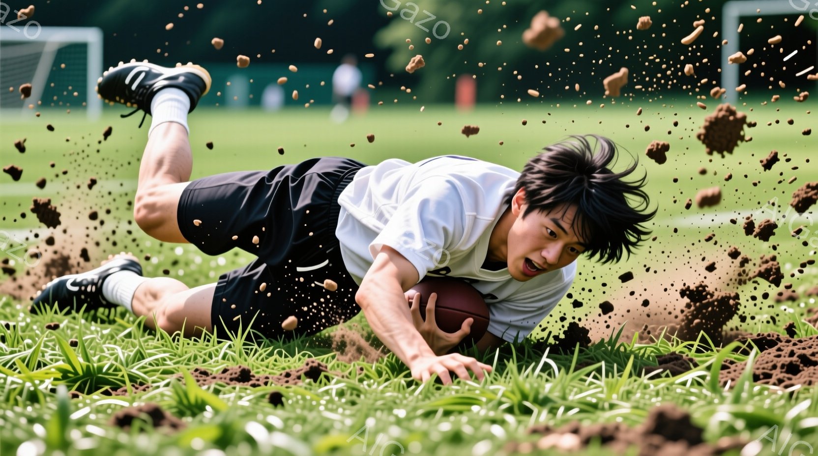 ラグビーボールを持っている若い男性が、緑の芝生の上で転倒している様子が写っています。彼は黒いショーツと白いTシャツを着ており、髪は無造作に跳ねています。表情は苦痛に歪み、ボールを強く握りしめており、周囲には土が舞い上がっています。