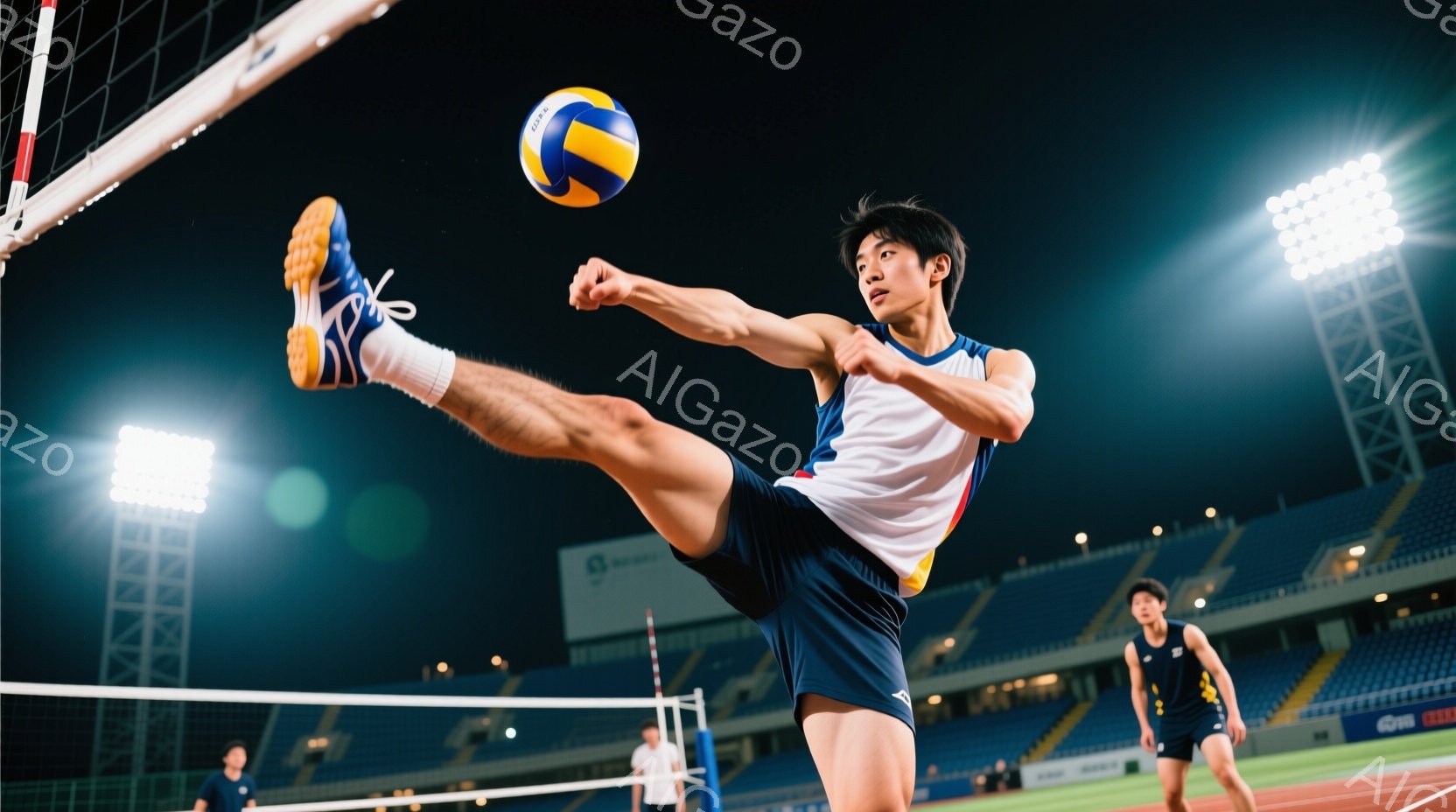 バレーボール選手が空中でキックのような動作でボールを蹴り上げている様子が写っています。彼は白地に赤と青のラインが入ったユニフォーム、紺色の短いパンツ、そしてオレンジと紺のバレーボールシューズを着用し、 - AI生成フリー素材