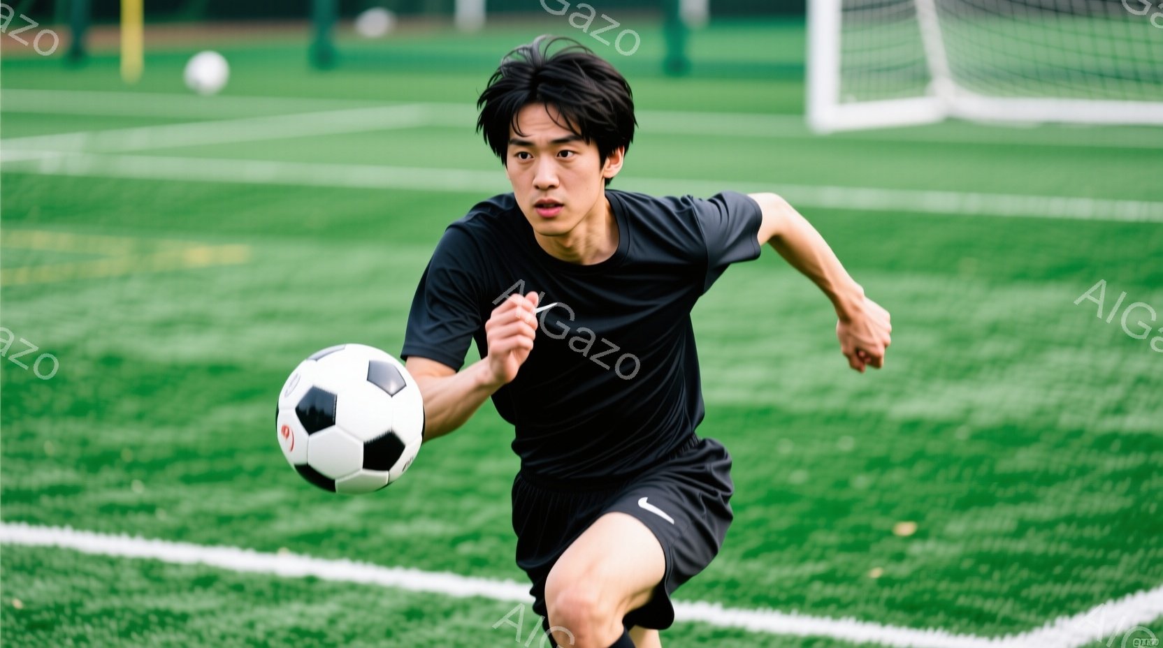 鮮やかな緑の芝生の上を、黒いサッカーユニフォームを着た若い男性がボールをドリブルしながら走っている。彼の髪は短く、顔には集中した表情が見られ、運動能力の高さを感じさせる。背景にはサッカーゴールが見え、 - AI生成フリー素材