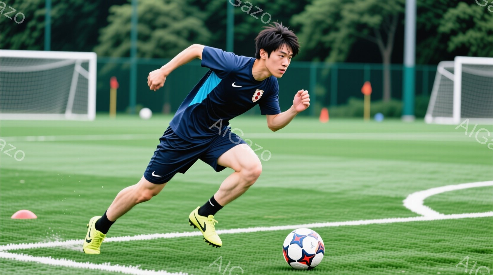 鮮やかな緑のサッカー場を、紺色のユニフォームを着た若い男性が疾走している。彼は黒髪で、やや前かがみの姿勢でボールを追いかけている様子が伺える。背景にはゴールネットとオレンジ色のコーン、そして緑豊かな木々が見え、晴天の下での練習風景を捉えている。