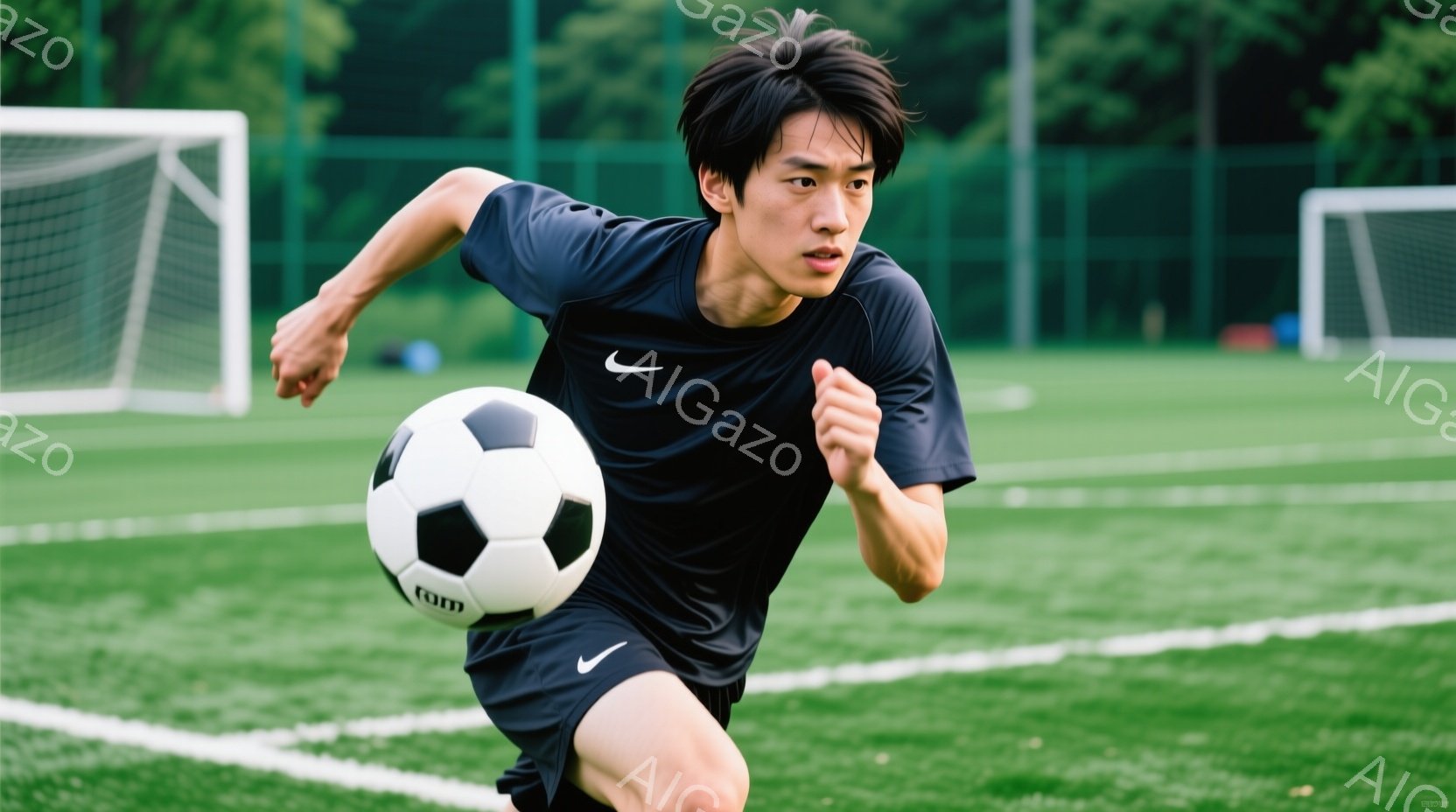 黒いサッカーユニフォームを着た若い男性が、緑の芝生の上をボールをドリブルしながら走っている。彼の髪は短く、顔は真剣な表情で、集中してボールを見つめている。背景にはサッカーゴールが見え、晴れた日の屋外で - AI生成フリー素材