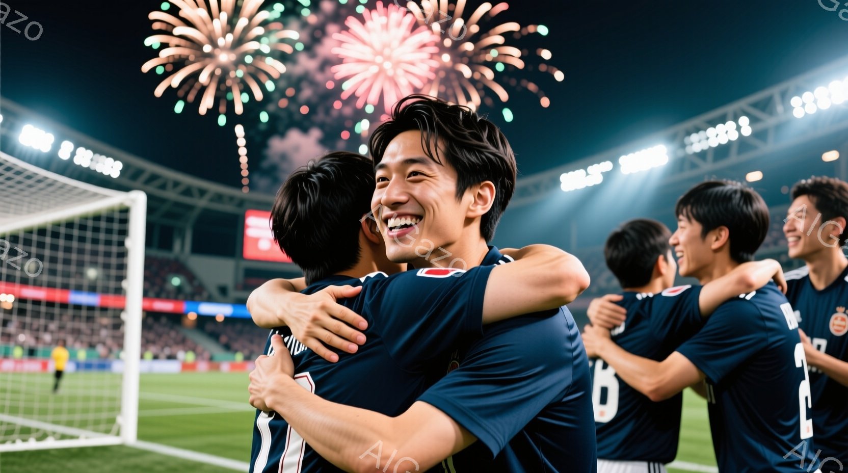 サッカーの試合後、選手たちが喜びを分かち合って抱き合っている様子が描かれています。紺色のユニフォームを着用し、笑顔を浮かべ、興奮した表情を見せています。背景には満員の観客席と夜空に打ち上げられる花火が - AI生成フリー素材