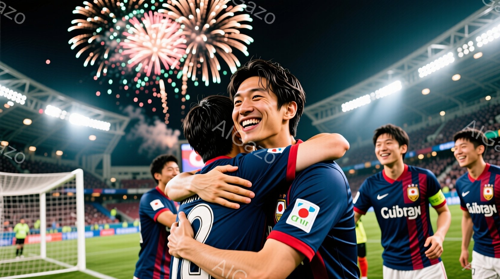 紺色のユニフォームを着たサッカー選手たちが、満員のスタジアムで喜びを分かち合っている様子が描かれている。選手たちは熱い抱擁を交わし、満面の笑みを浮かべており、背景には花火が打ち上げられ、勝利の歓喜を盛り上げている。競技場は夜間に照らされ、活気に満ちた、エネルギッシュな雰囲気が感じられる。