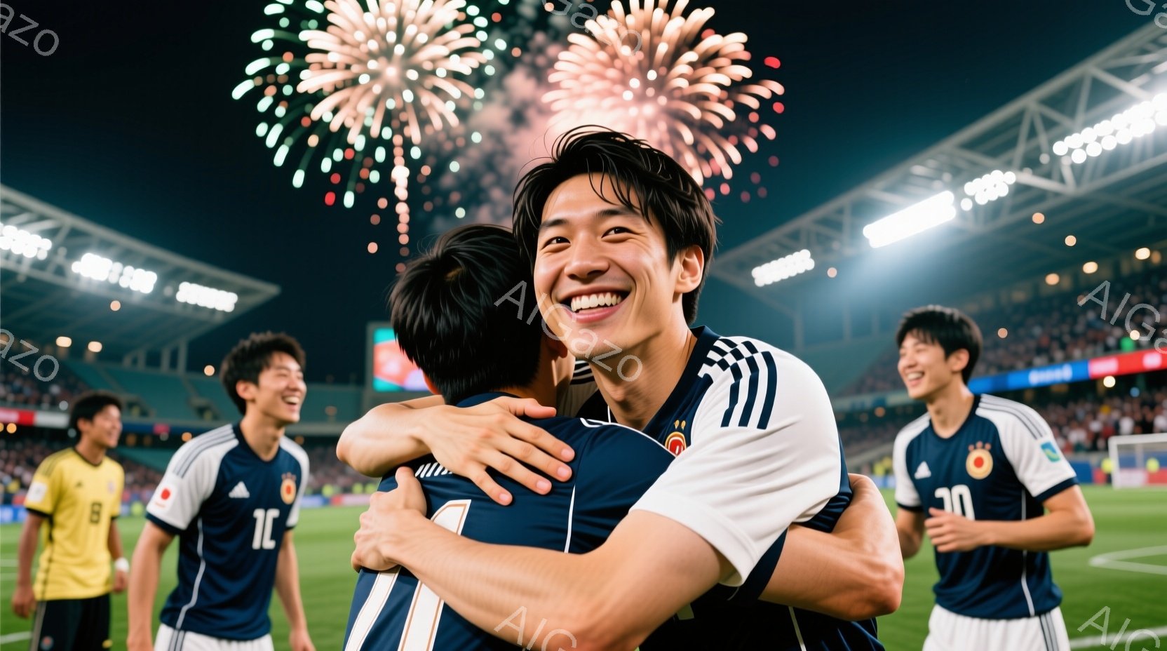 サッカーの試合後、紺色のユニフォームを着た選手たちが抱き合って喜びを分かち合っている様子が写っている。彼らは皆笑顔で、興奮と達成感に満ち溢れている。背景には観客席と花火が上がり、夜空を彩り、勝利の熱狂 - AI生成フリー素材