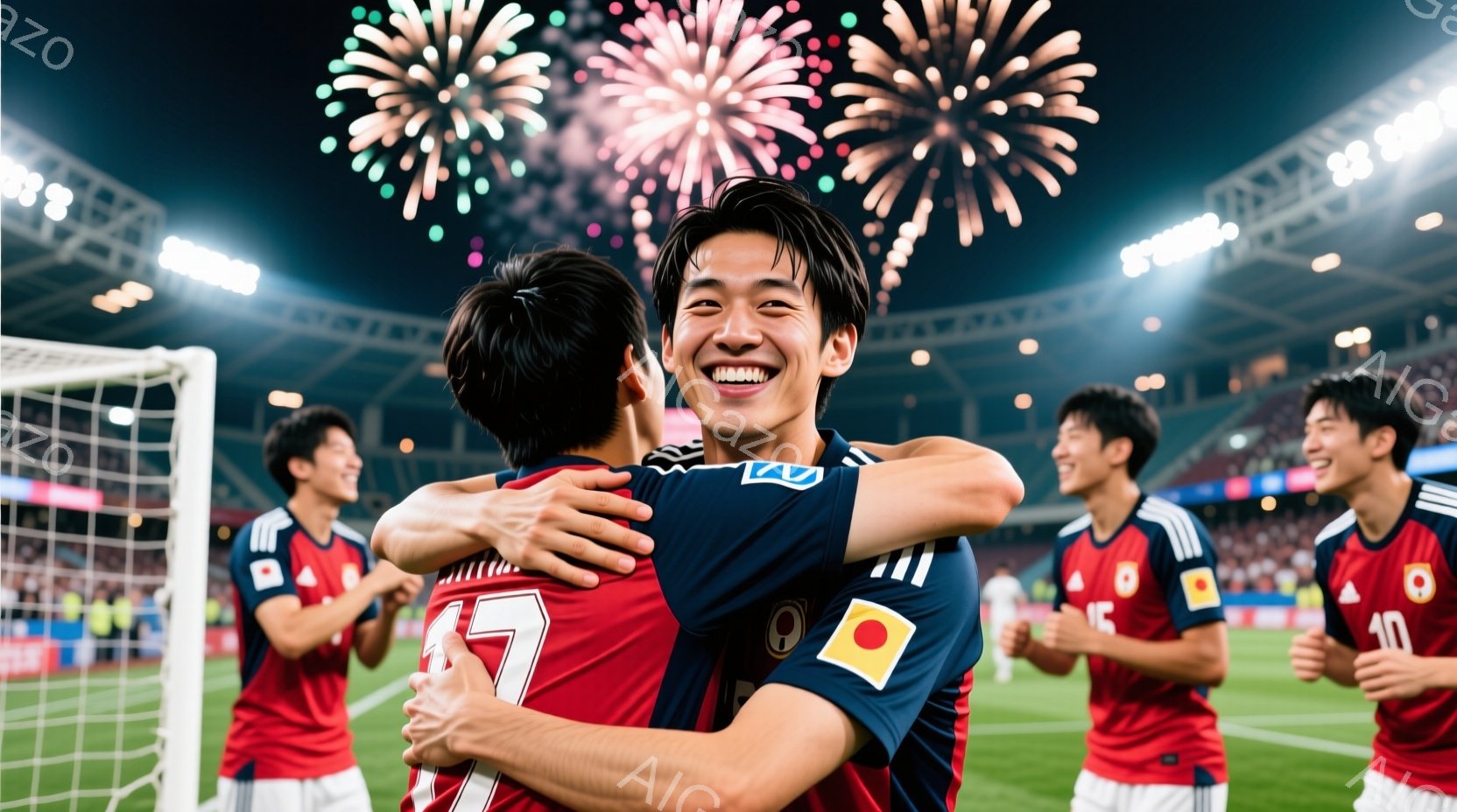 サッカーの試合で、日本の代表選手たちが勝利を喜び、抱き合っている様子が写っている。選手たちは赤と紺のユニフォームを着用し、満面の笑みを浮かべている。背景には観客席と夜空に打ち上げられた花火が見え、勝利の興奮と祝賀ムードが伝わってくる。
