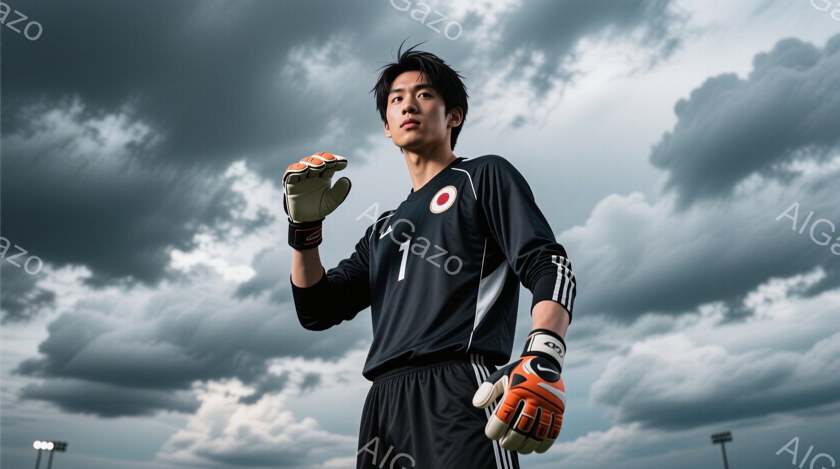 黒いサッカーユニフォームを着た若い男性が写っている。彼は片手を上げており、表情は真剣で、強い意志を感じさせる。背景は曇り空と緑の芝生で、競技場の照明塔も見える。