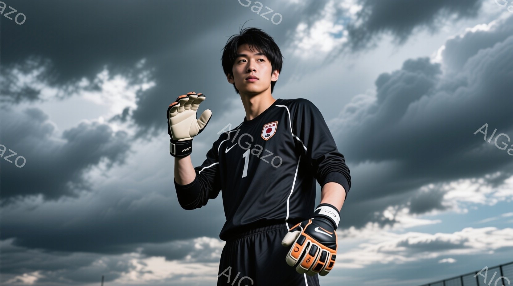 黒い長袖のサッカーユニフォームを着た若い男性ゴールキーパーが写っています。彼は片手を上げており、表情は真剣で、やや上目遣いです。背景は曇り空と芝生のグラウンドで、やや暗くドラマチックな雰囲気を醸し出しています。