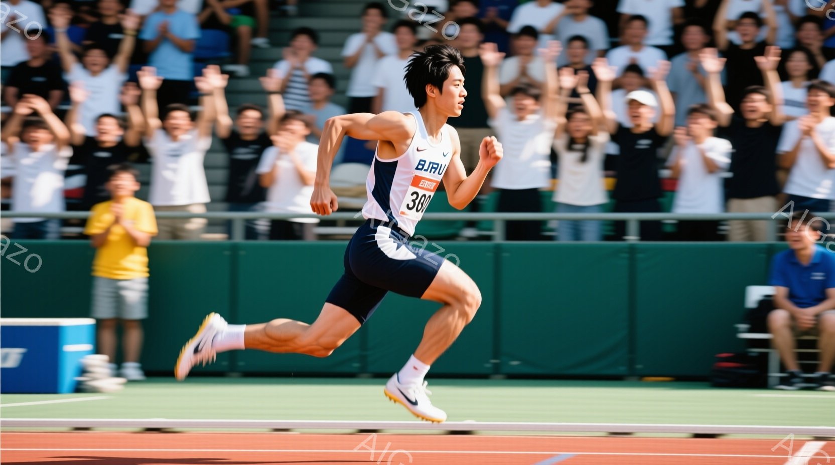 短距離走の選手が競技場で全速力で走っている様子が写っている。青と赤のユニフォームに「JRUI」と書かれており、背中にはゼッケン番号の「380」が光っている。背景には観客席が広がり、多くの人々が応援して - AI生成フリー素材