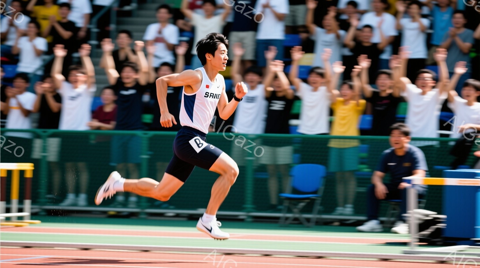 陸上競技のトラックを走る男性選手が写っている。彼は紺と白のユニフォームを着ており、短髪で、真剣な表情で走っている。背景には、観客席が広がり、多くの人々が手を振って応援している様子がぼやけて写っており、 - AI生成フリー素材