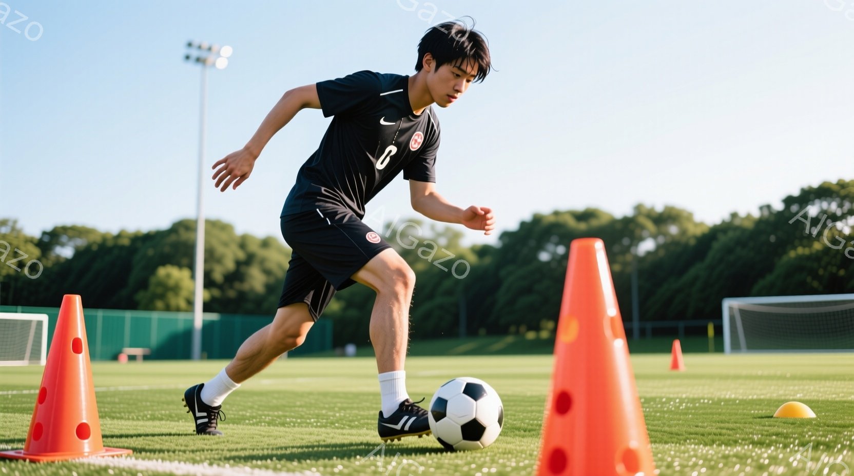 サッカーの練習をしている若い男性が写っている。黒い半袖シャツと黒い短パンを着用し、白いソックスとスパイクを履いている。背景には緑の芝生、オレンジ色のコーン、そしてサッカーゴールが見え、晴れた日の屋外で - AI生成フリー素材