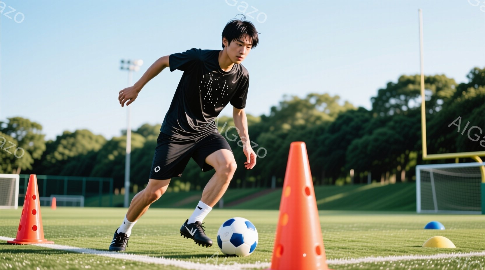 若い男性がサッカーボールをドリブルしている様子が写っている。彼は黒の半袖シャツと黒のショートパンツ、白いソックスと黒のサッカーシューズを履いており、短髪で真剣な表情をしている。背景には緑の芝生、オレンジ色のコーン、サッカーゴール、そして緑豊かな丘が見え、晴れた日の屋外でのトレーニング風景が伝わる。