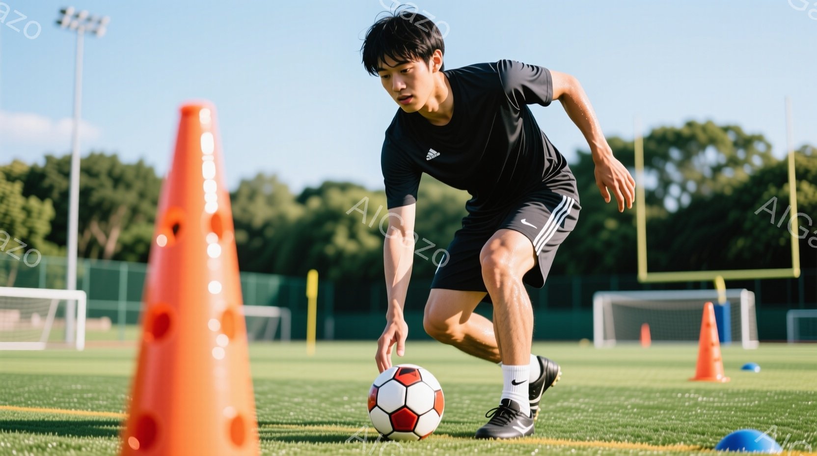 サッカー選手が緑の芝生の上でドリブルをしている様子が写っている。黒いTシャツと黒い短パンを着用し、白いソックスと黒いスパイクを履いている。背景にはオレンジと青のコーンが点在し、サッカーゴールや木々が見え、晴れた日の練習風景を表している。