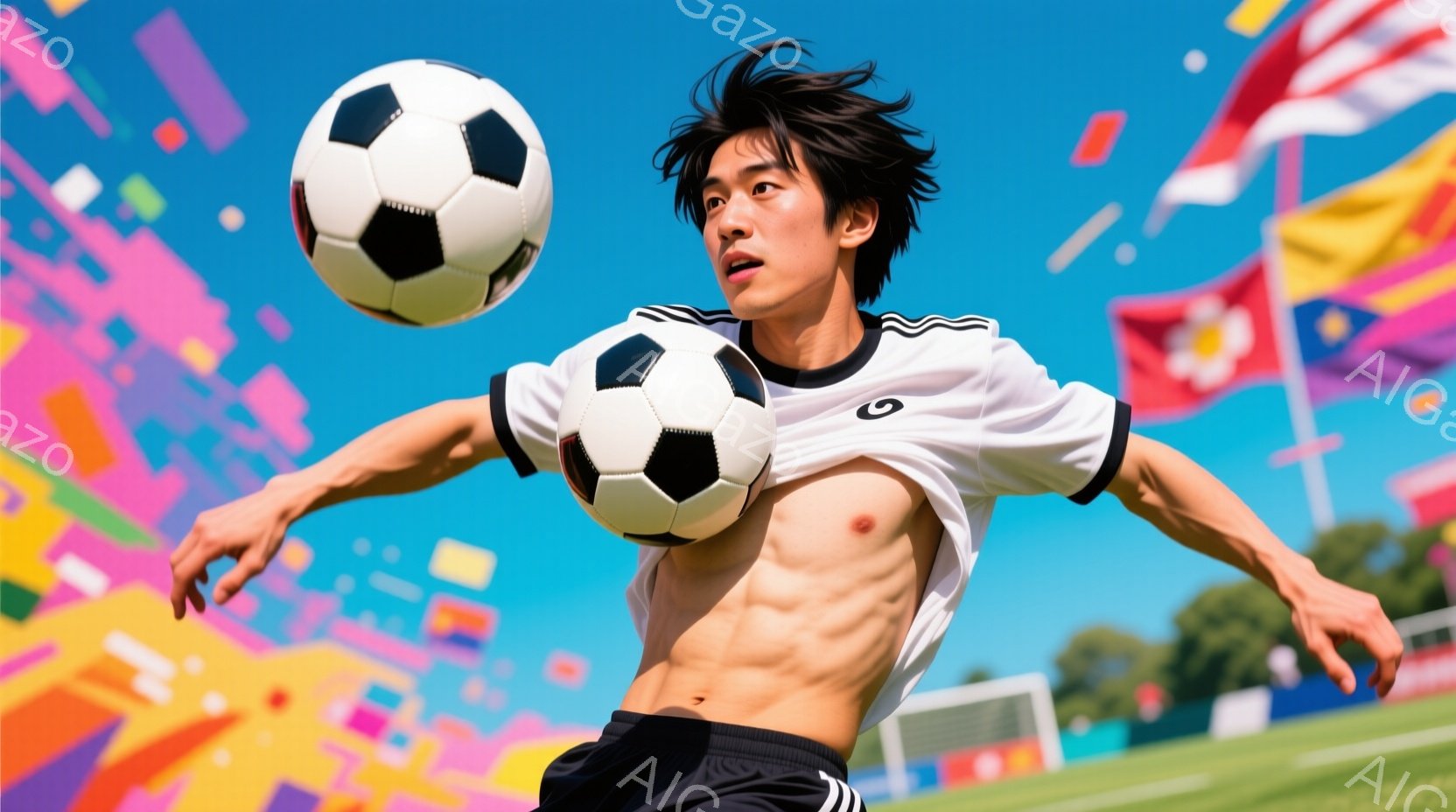 筋肉質な若い男性がサッカーボールを頭で受けている様子が描かれている。彼は黒のショートパンツと白の半袖シャツを着ており、髪は無造作に跳ねている。背景にはカラフルなグラフィックとサッカーゴールが見え、明る - AI生成フリー素材